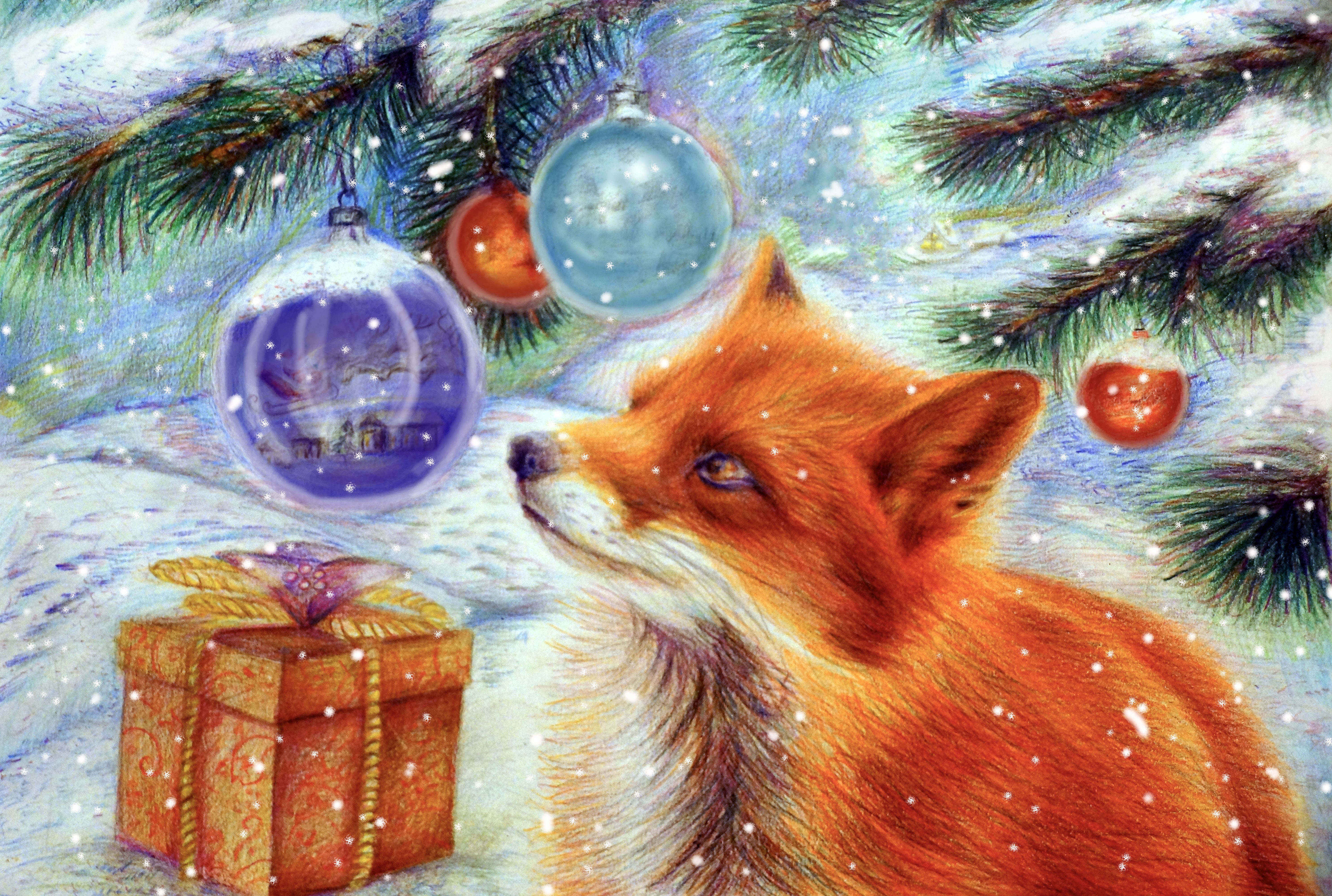 Fox near Christmas tree with ornaments and gift HD Wallpaper