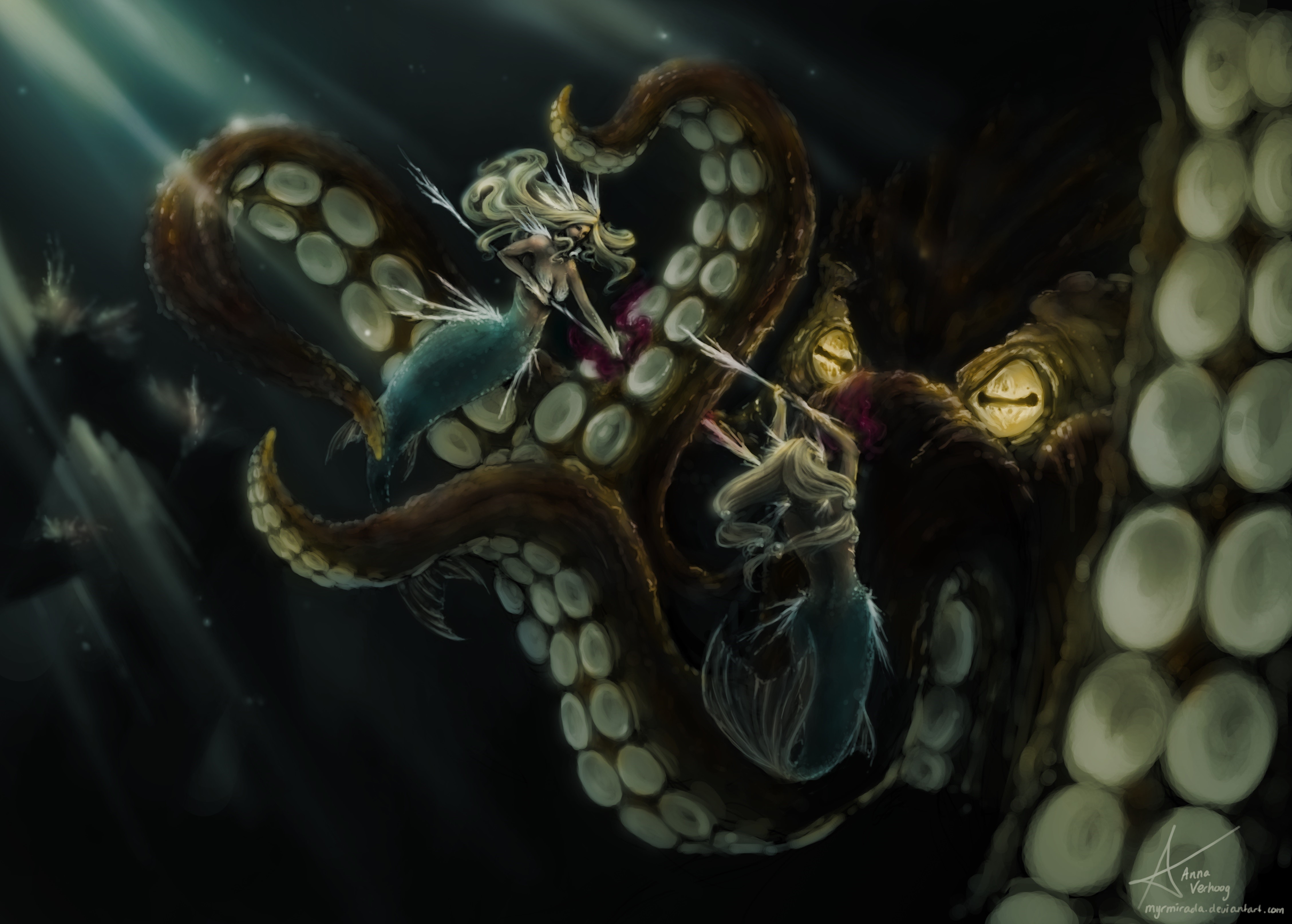 Mermaids Battling a Kraken Underwater HD Wallpaper