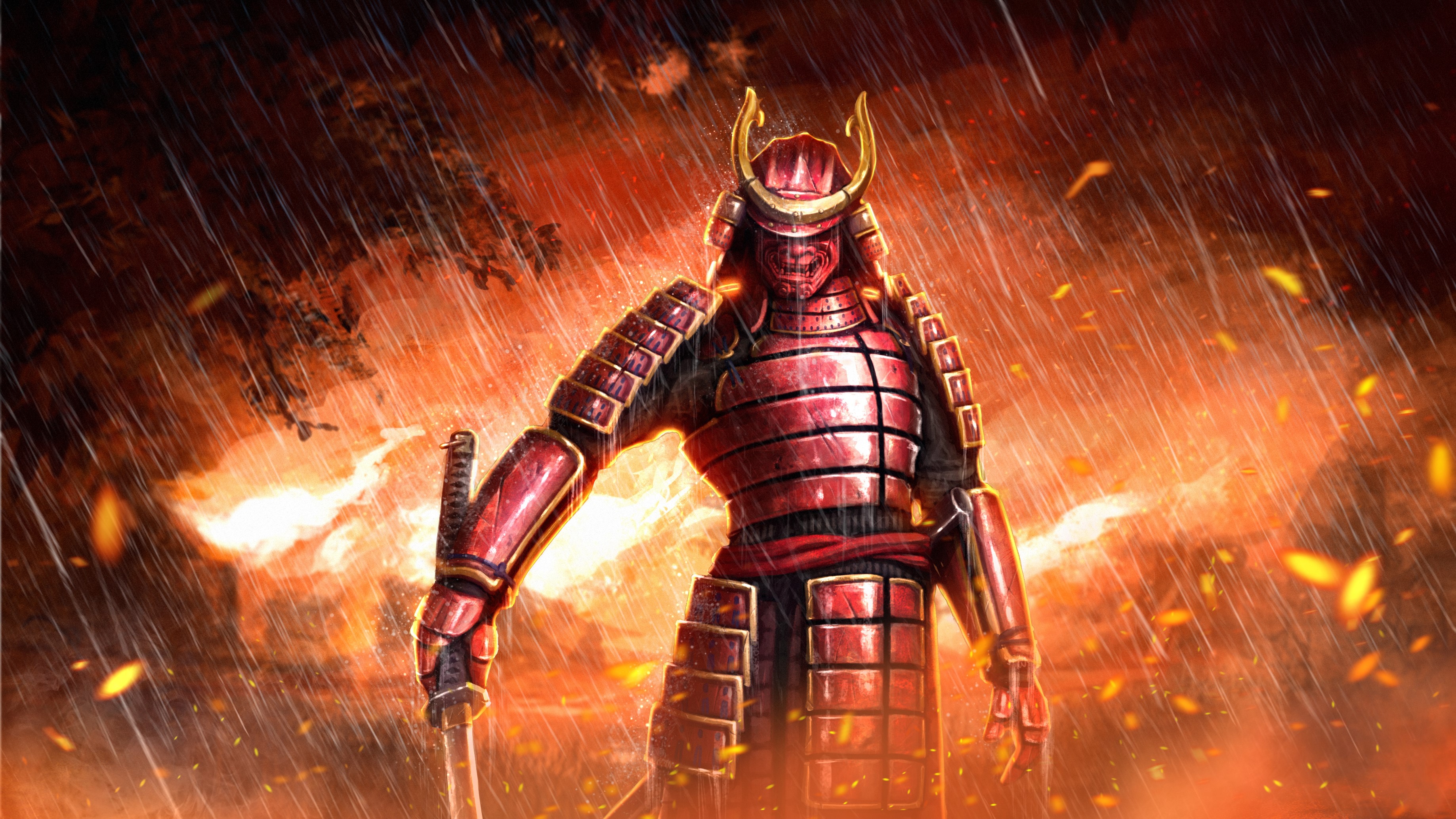 Samurai warrior in red armor during a fiery rainstorm HD Wallpaper