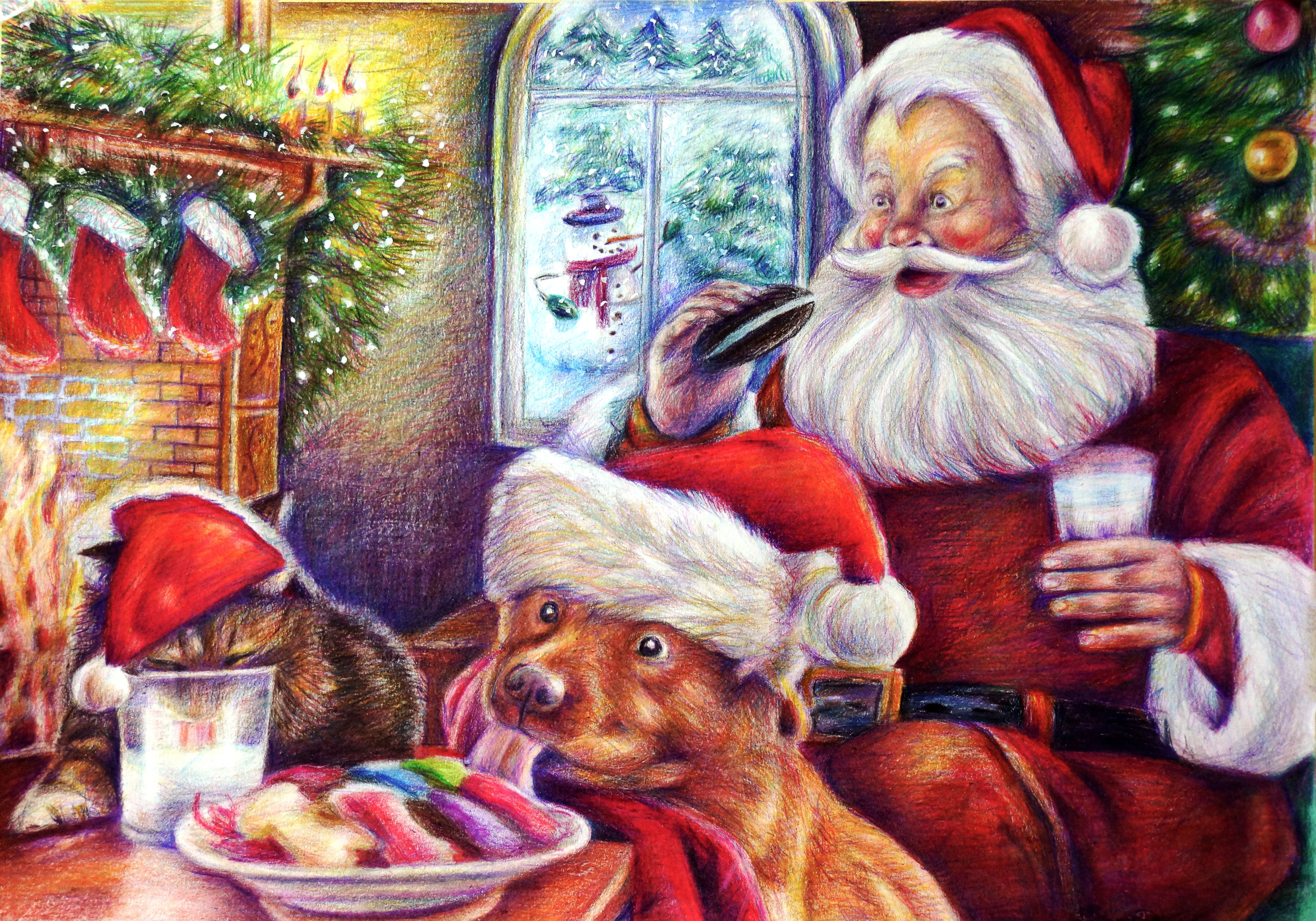 Santa Claus with Dog and Cat by Fireplace HD Wallpaper