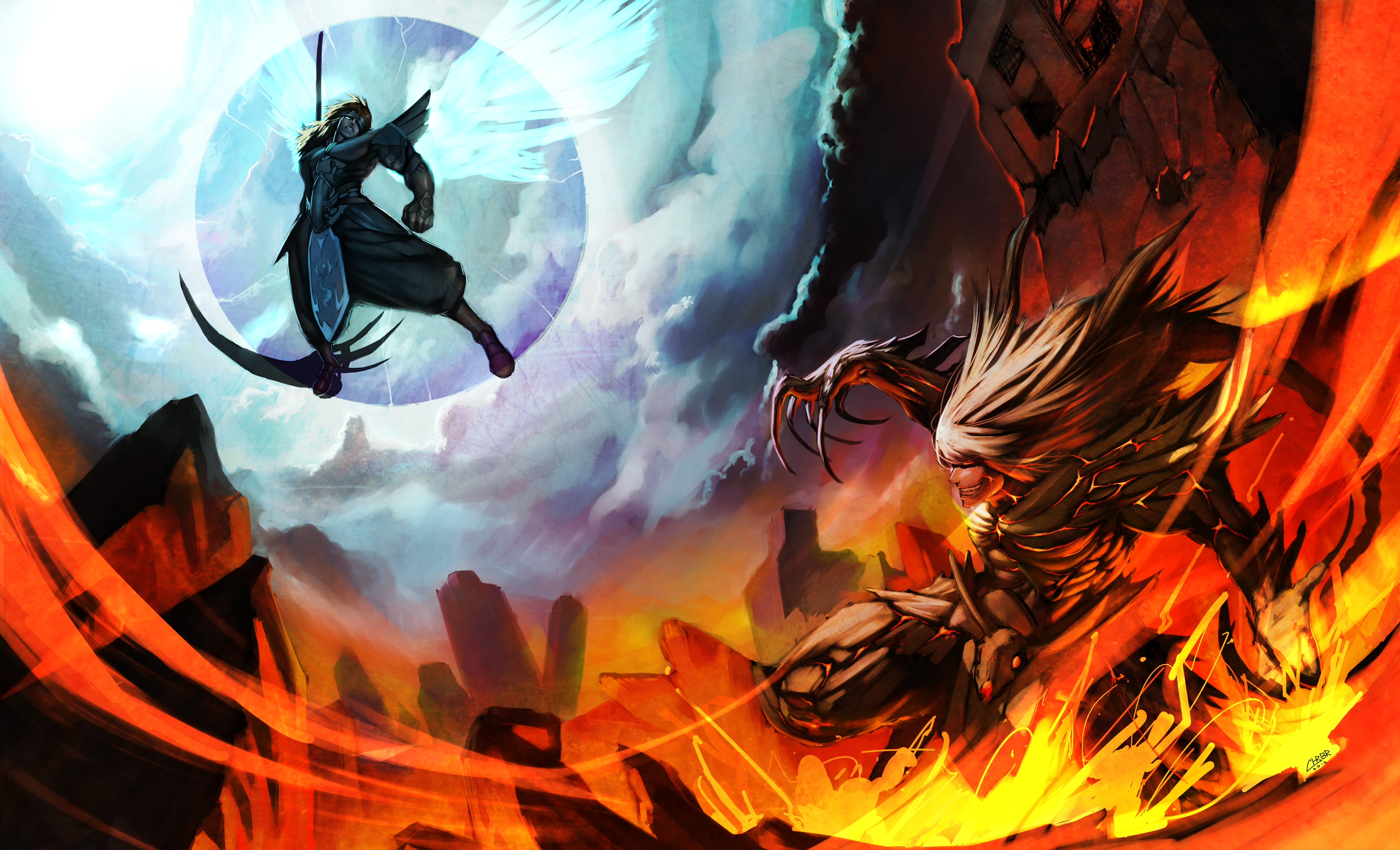 Warriors battling with scythes and monsters HD Wallpaper