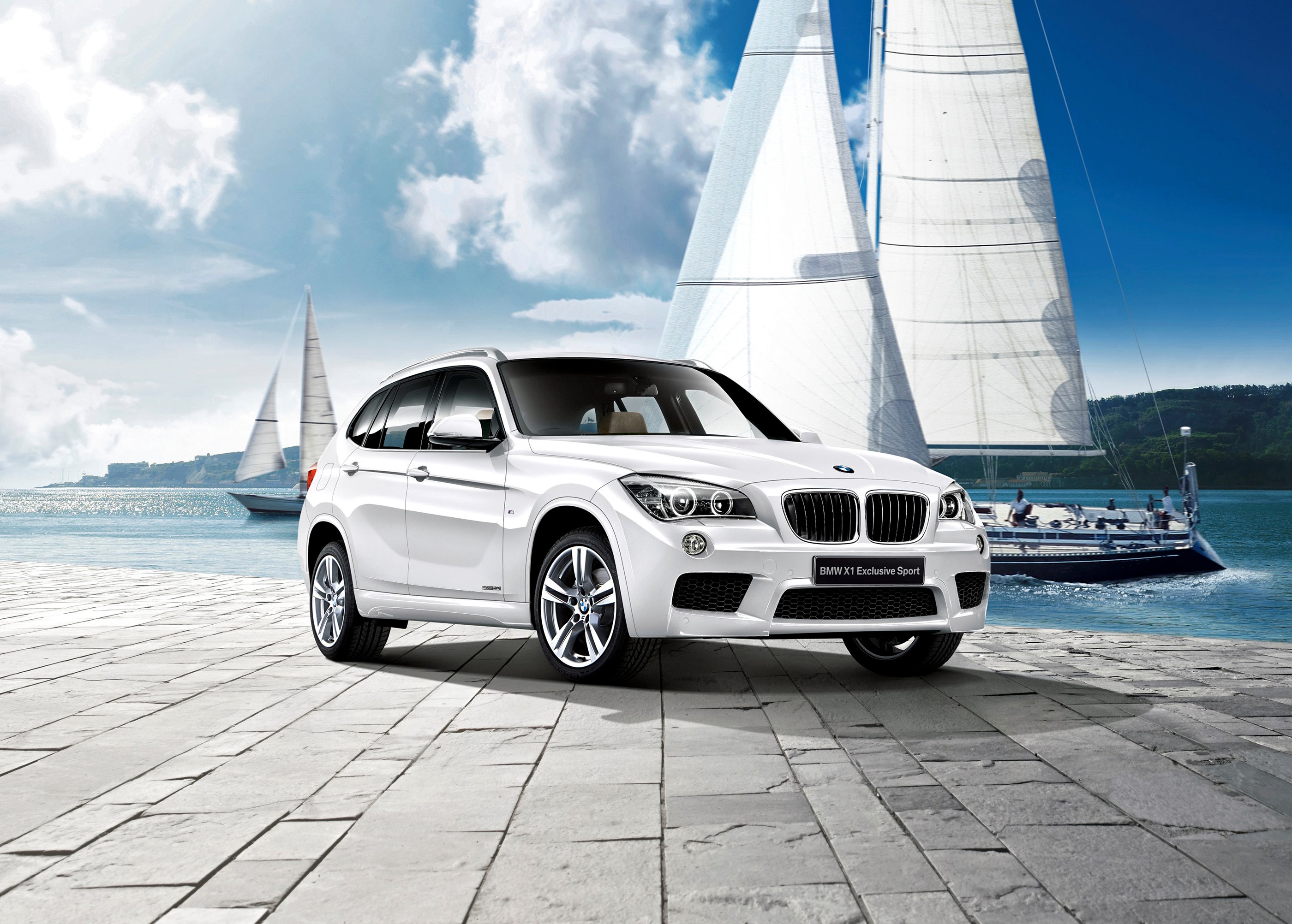 White BMW X1 Exclusive Sport with Sailboats HD Wallpaper