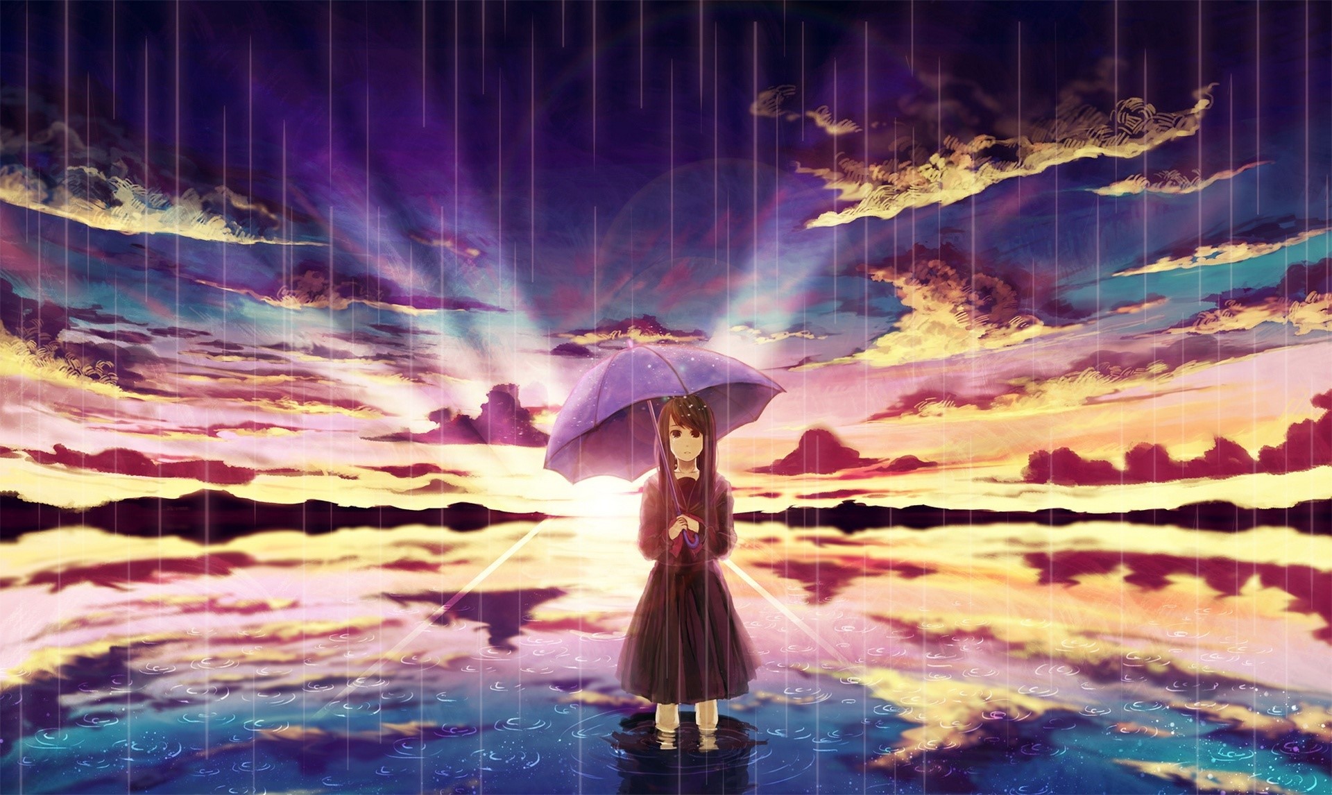 Girl with umbrella in the rain at sunset HD Wallpaper