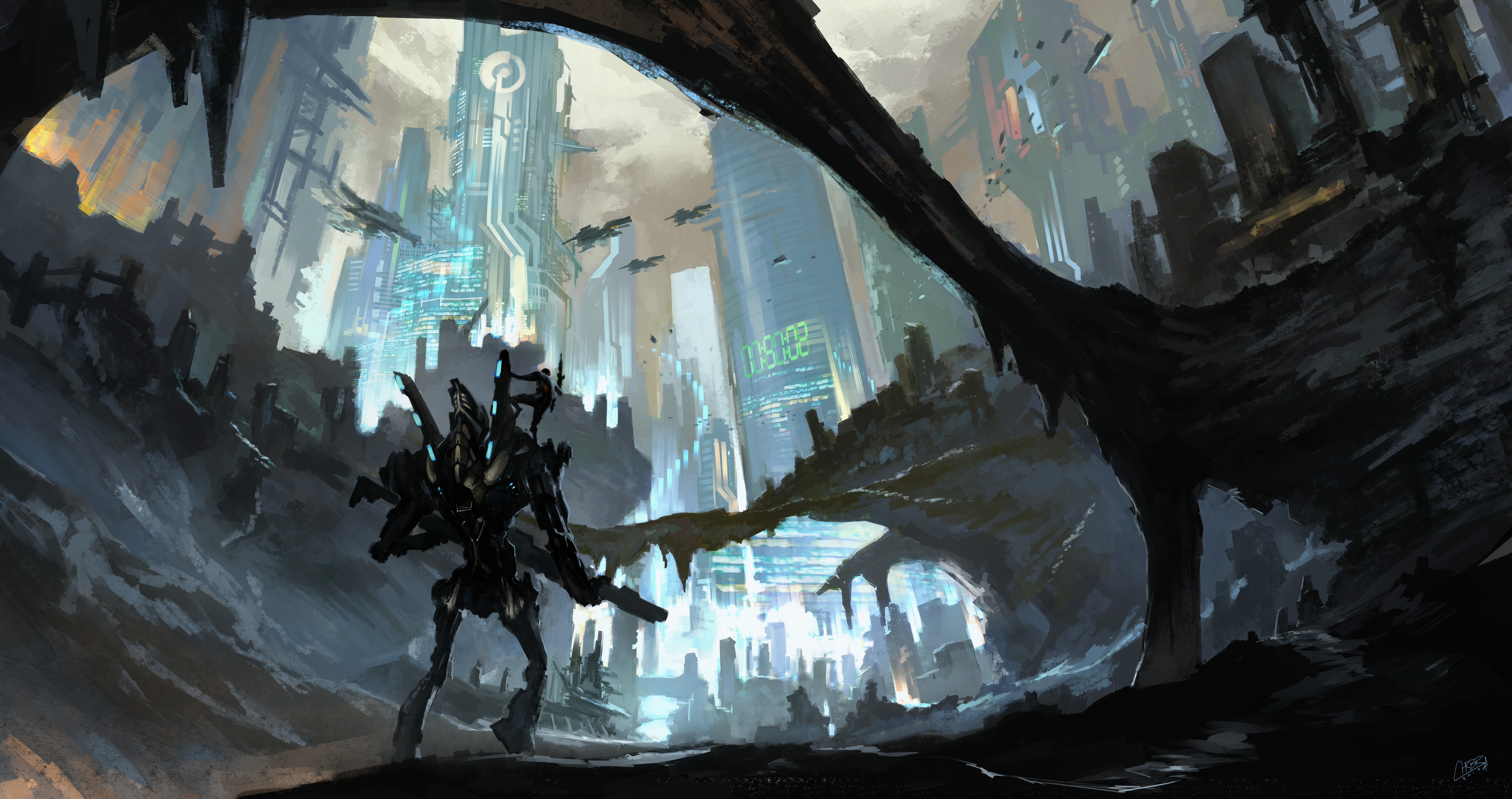 Robot warrior in a futuristic city HD Wallpaper