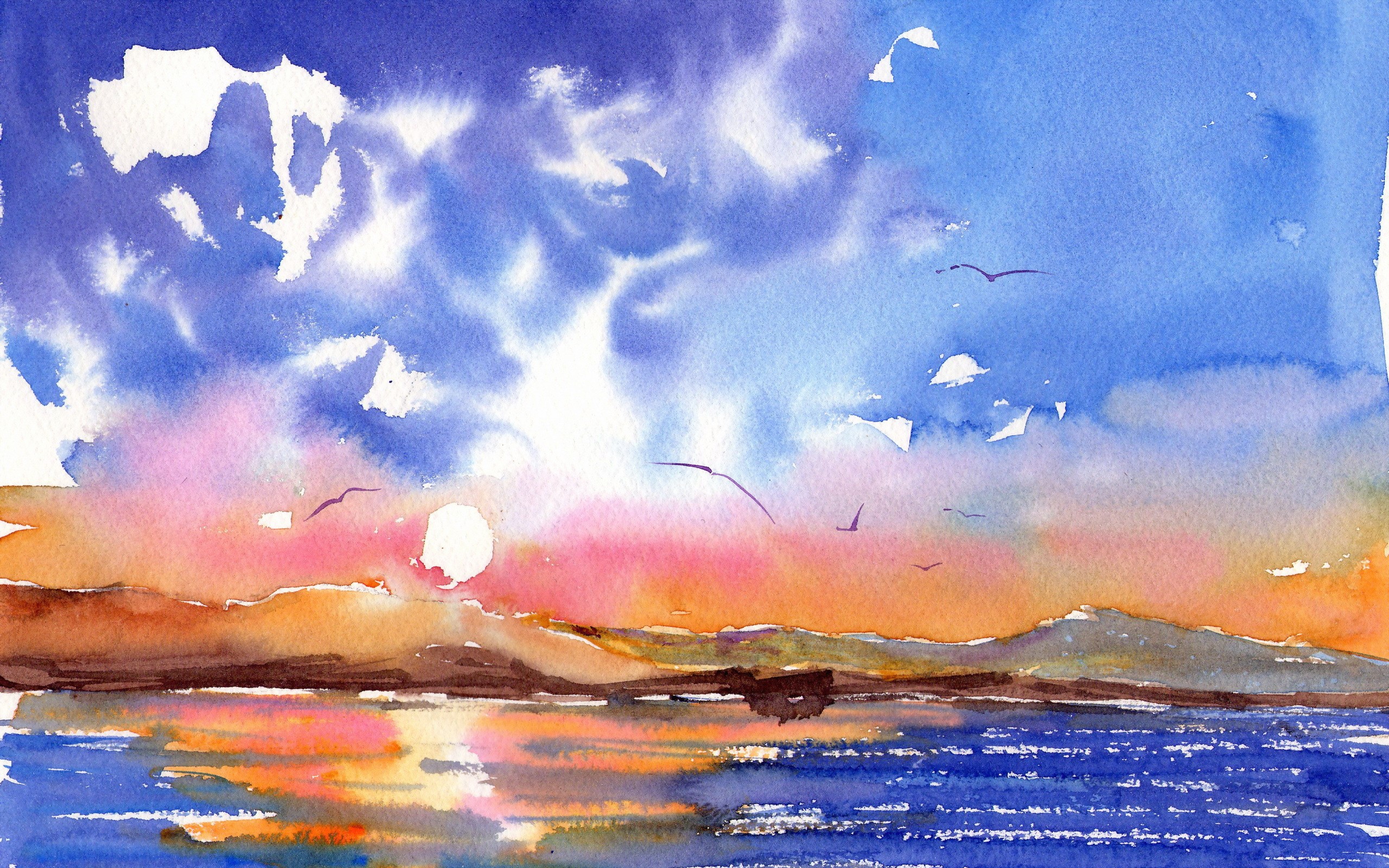 Watercolor painting of a sunset over the sea with birds HD Wallpaper