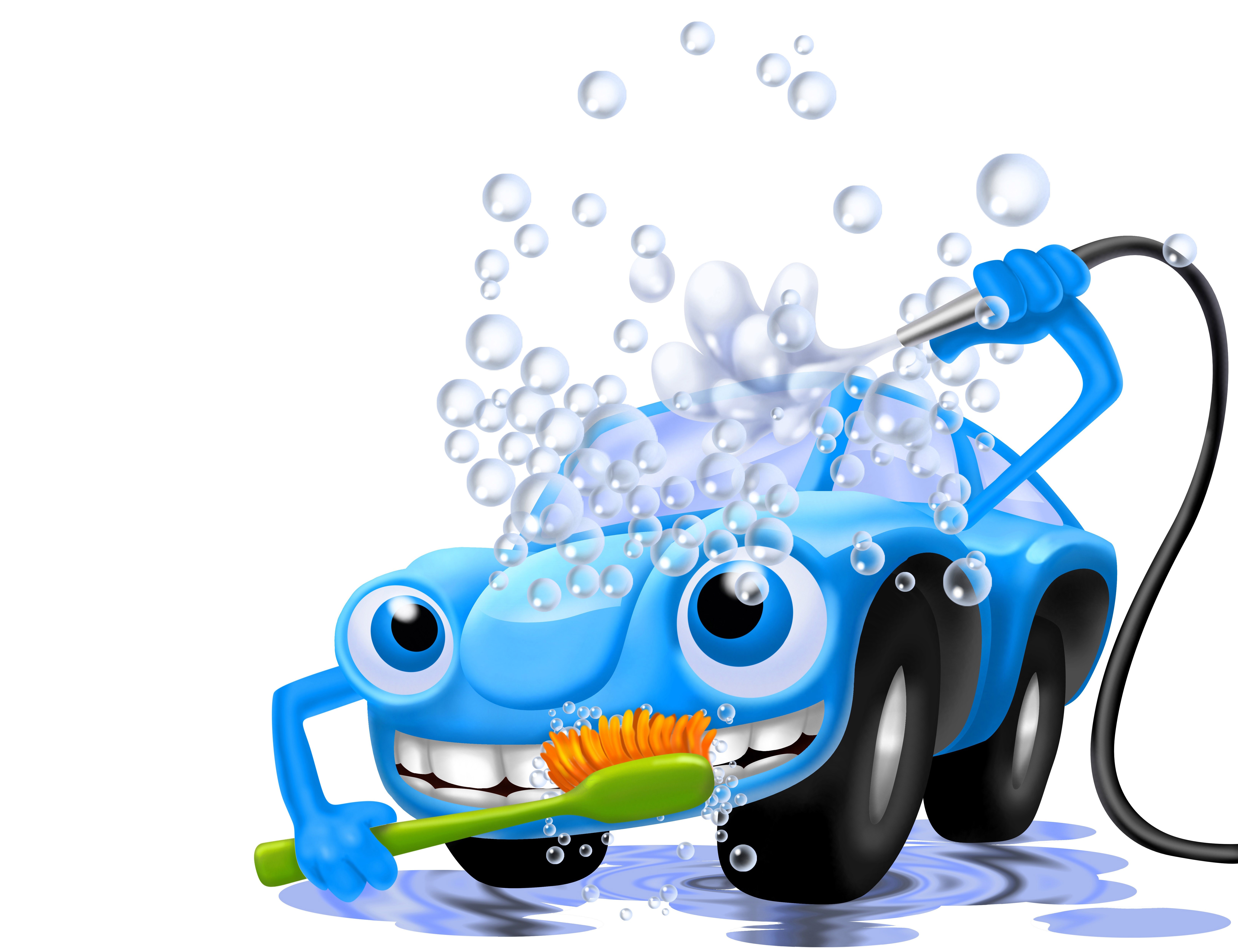 Cartoon car washing itself with a toothbrush and hose HD Wallpaper