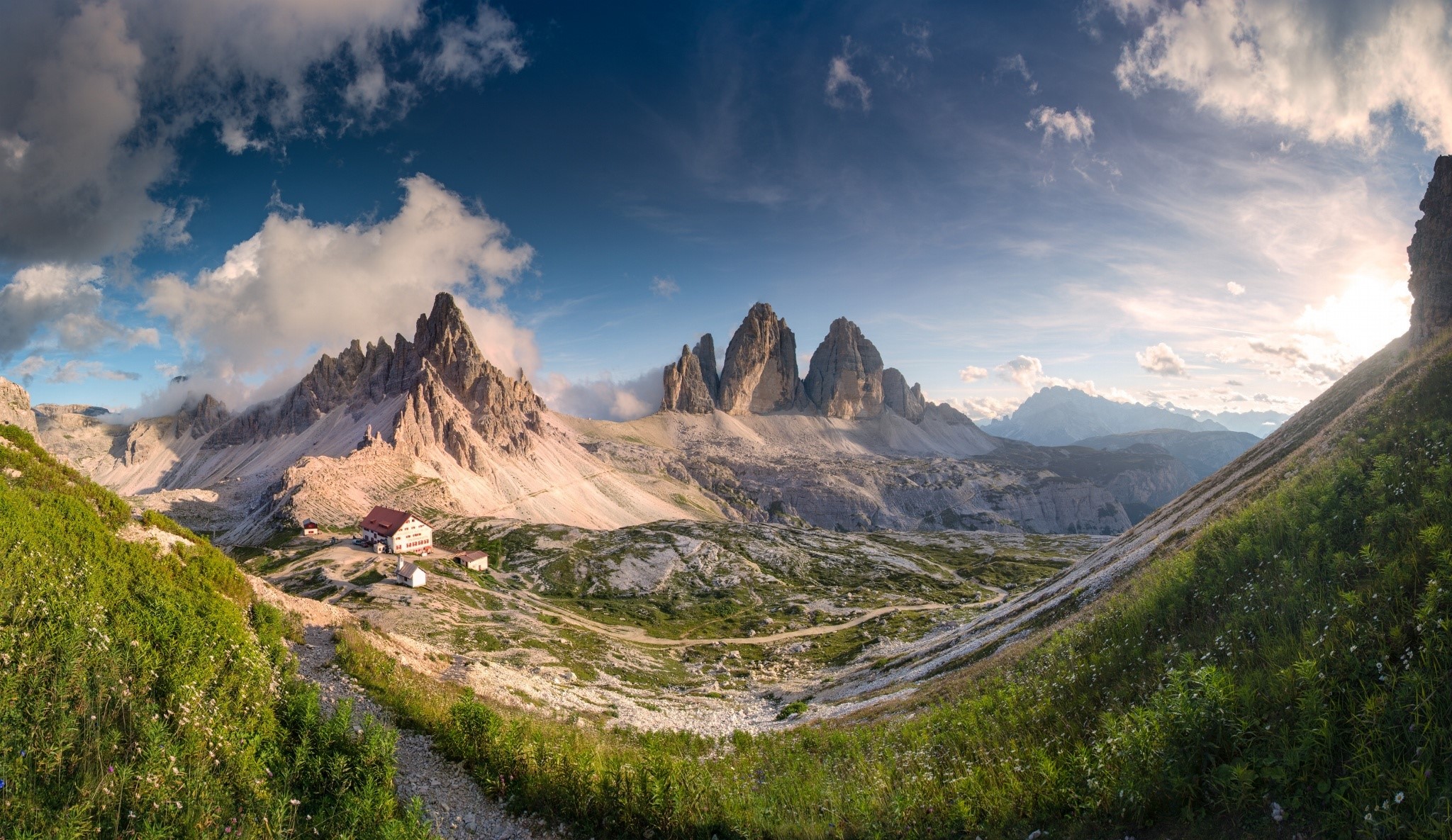 Tre Cime di Lavaredo mountains with a hut HD Wallpaper