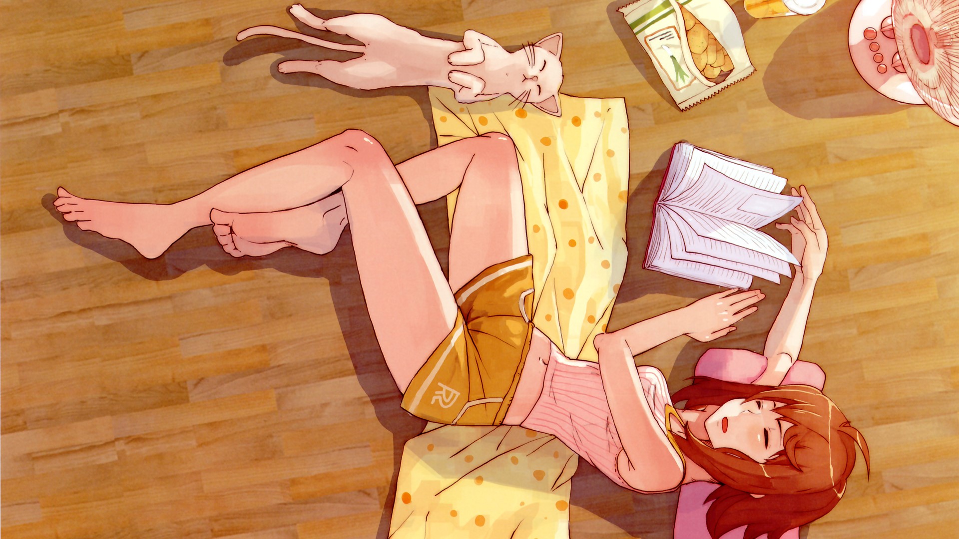 Girl reading a book with a cat sleeping HD Wallpaper