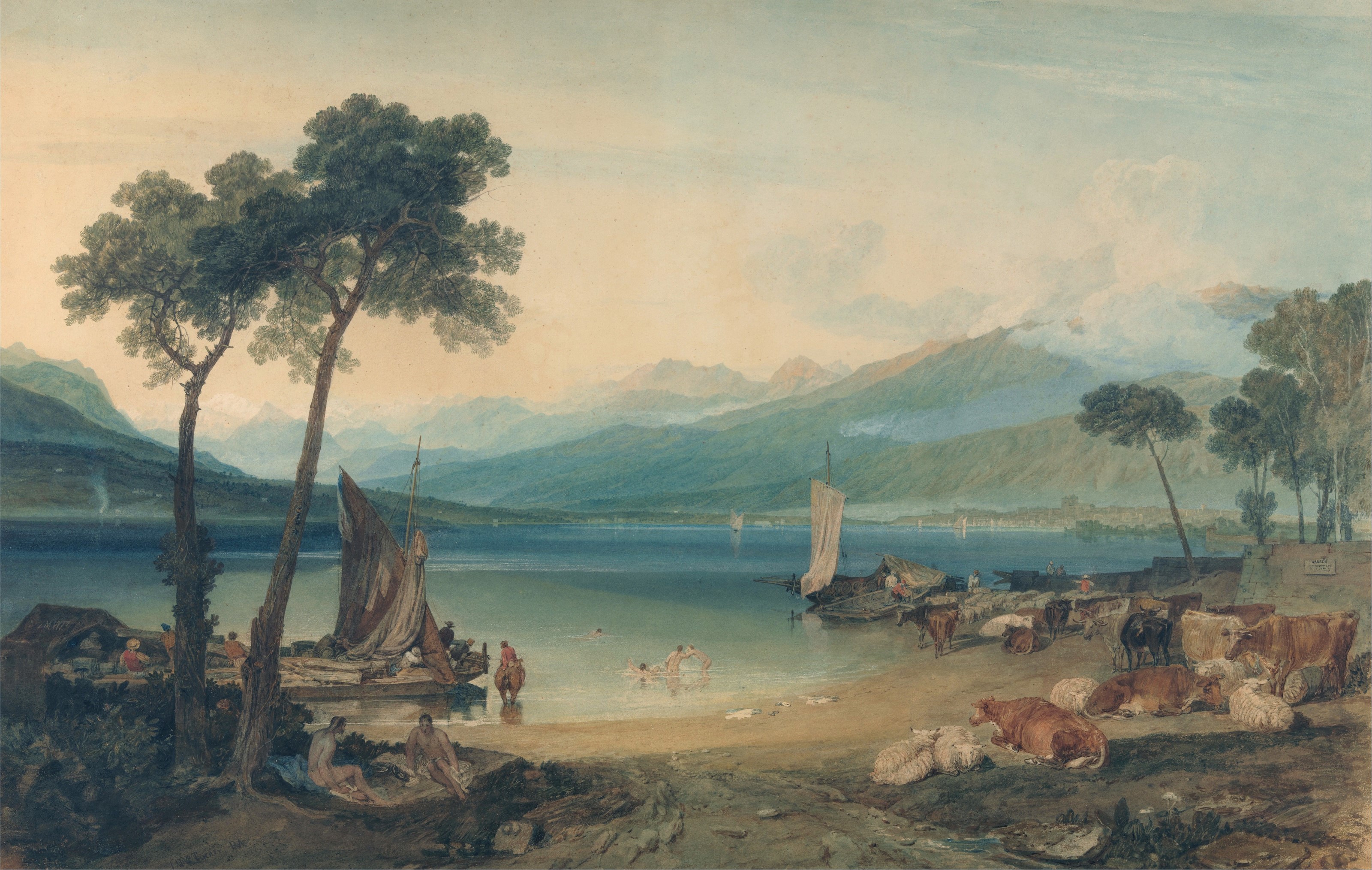 William Turner painting of a lake scene with boats and cows HD Wallpaper