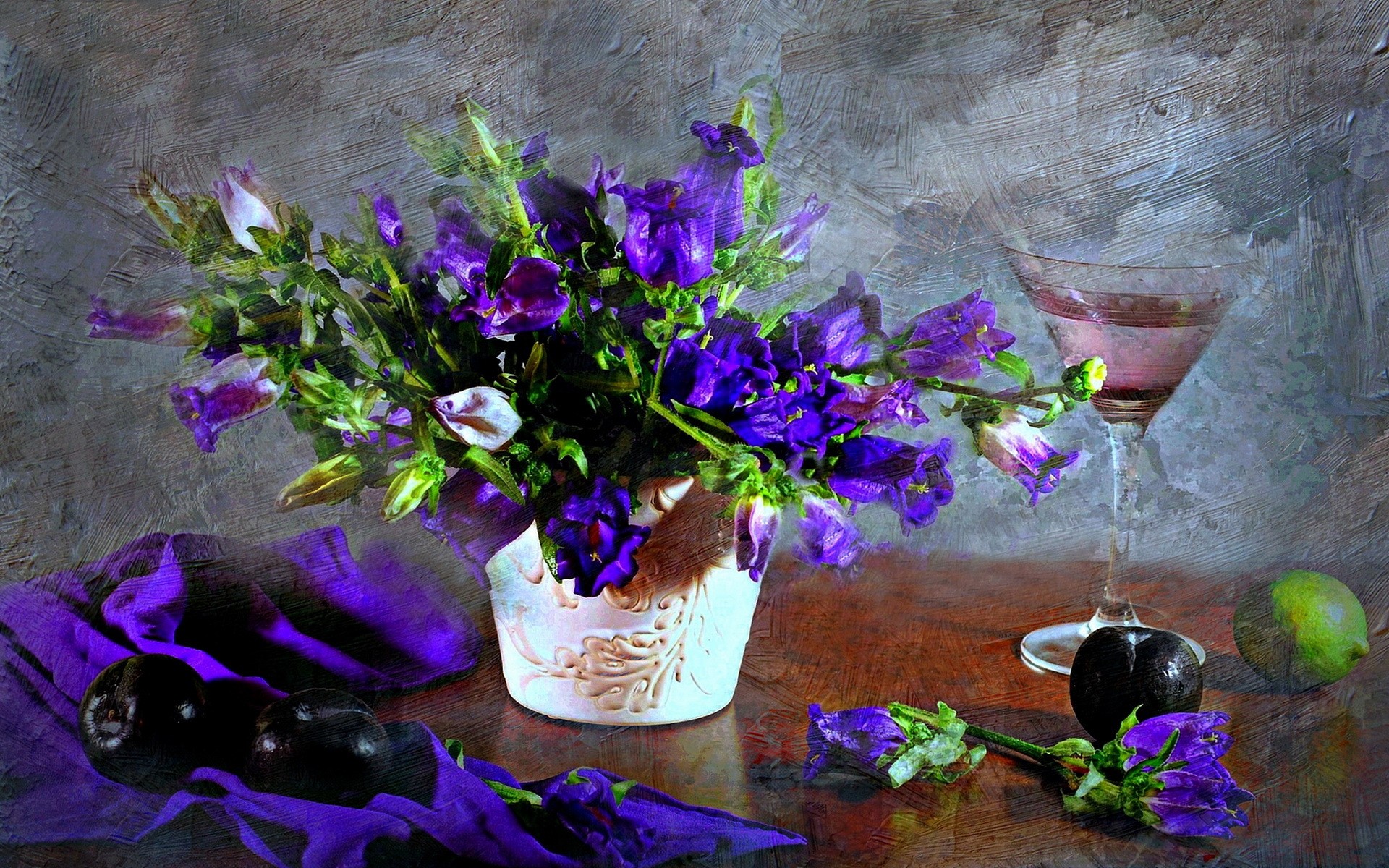 Still life with purple flowers and drink HD Wallpaper
