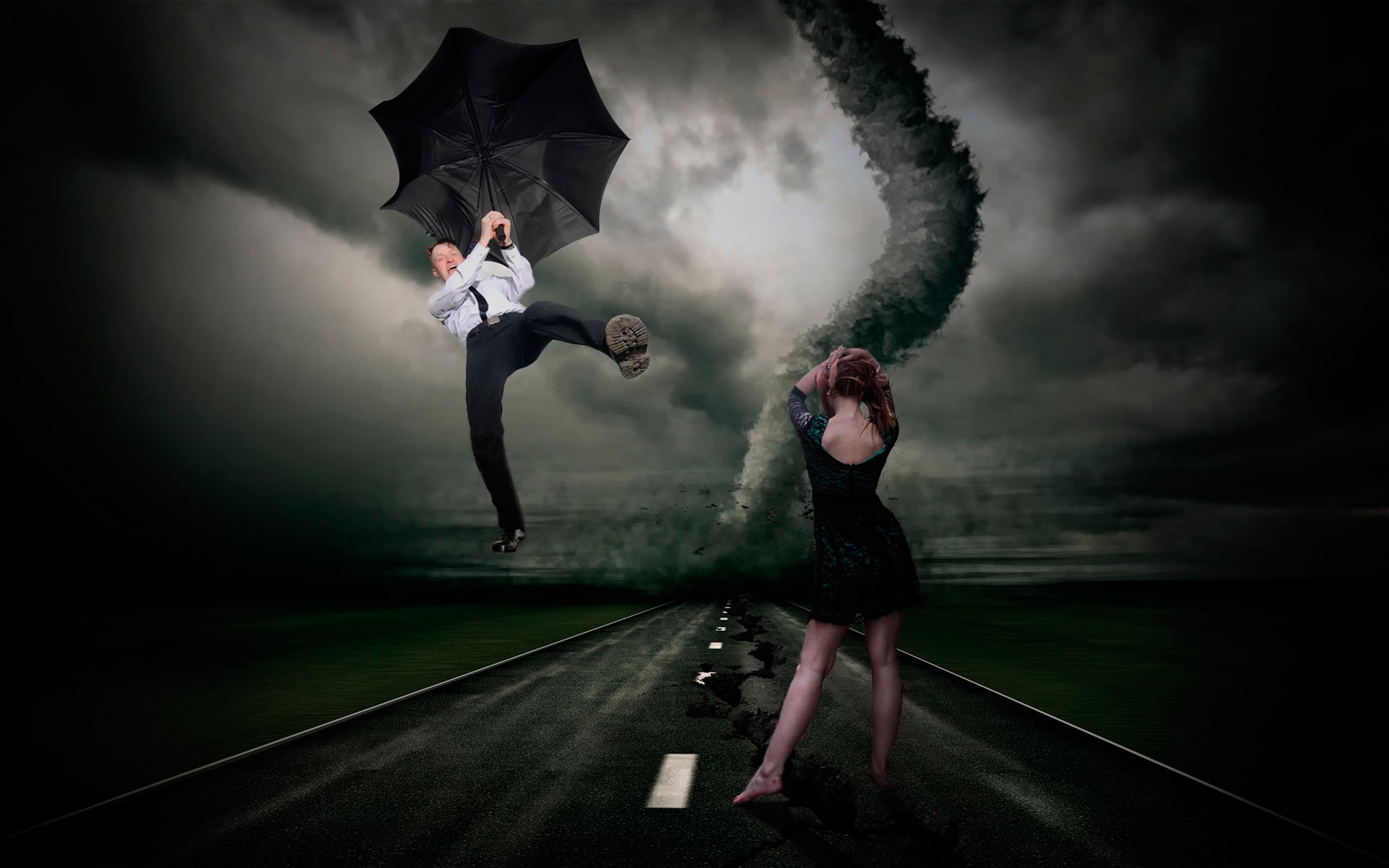 Man with umbrella flying in tornado, woman on road HD Wallpaper