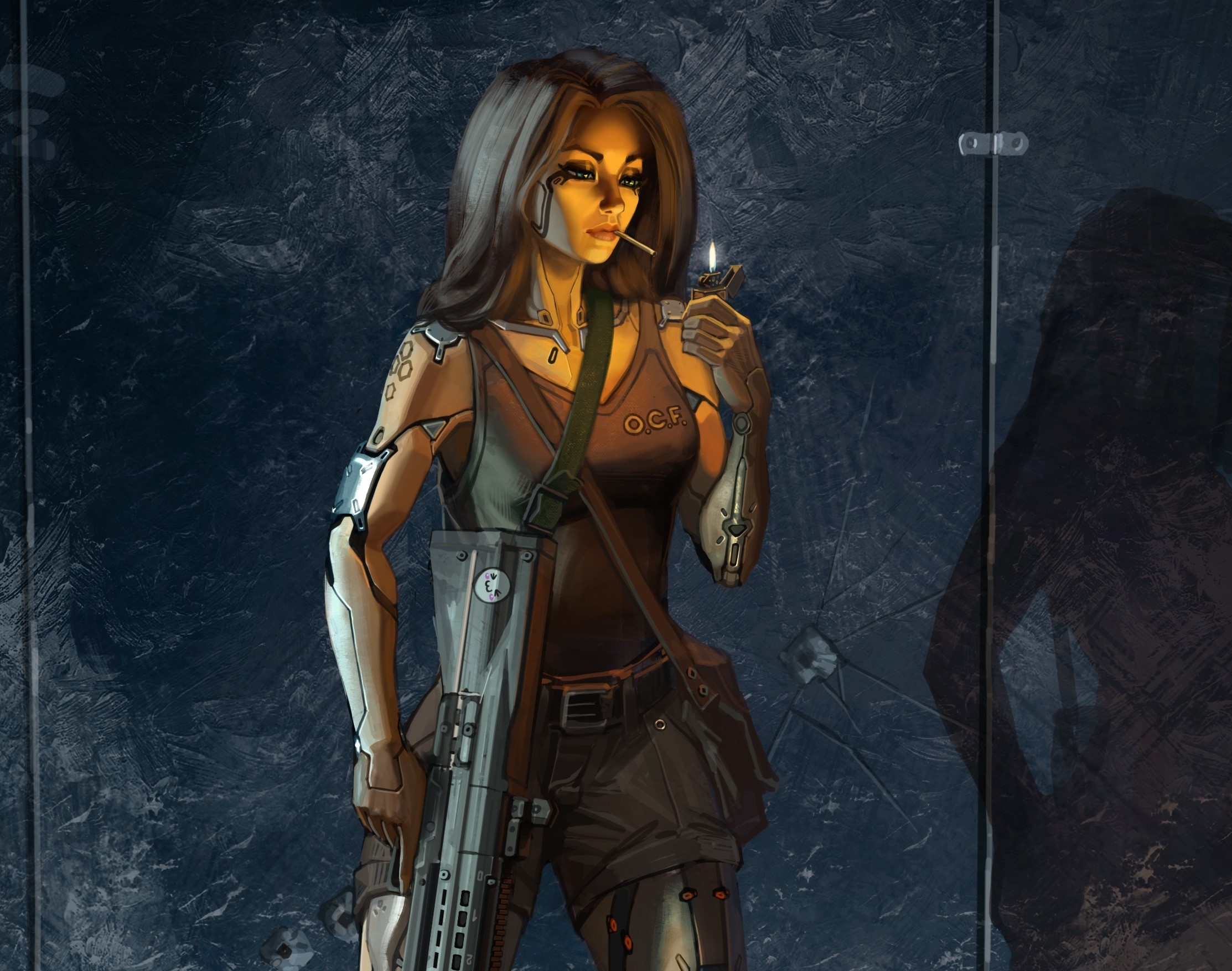 Woman with cybernetic arms holding a rifle HD Wallpaper
