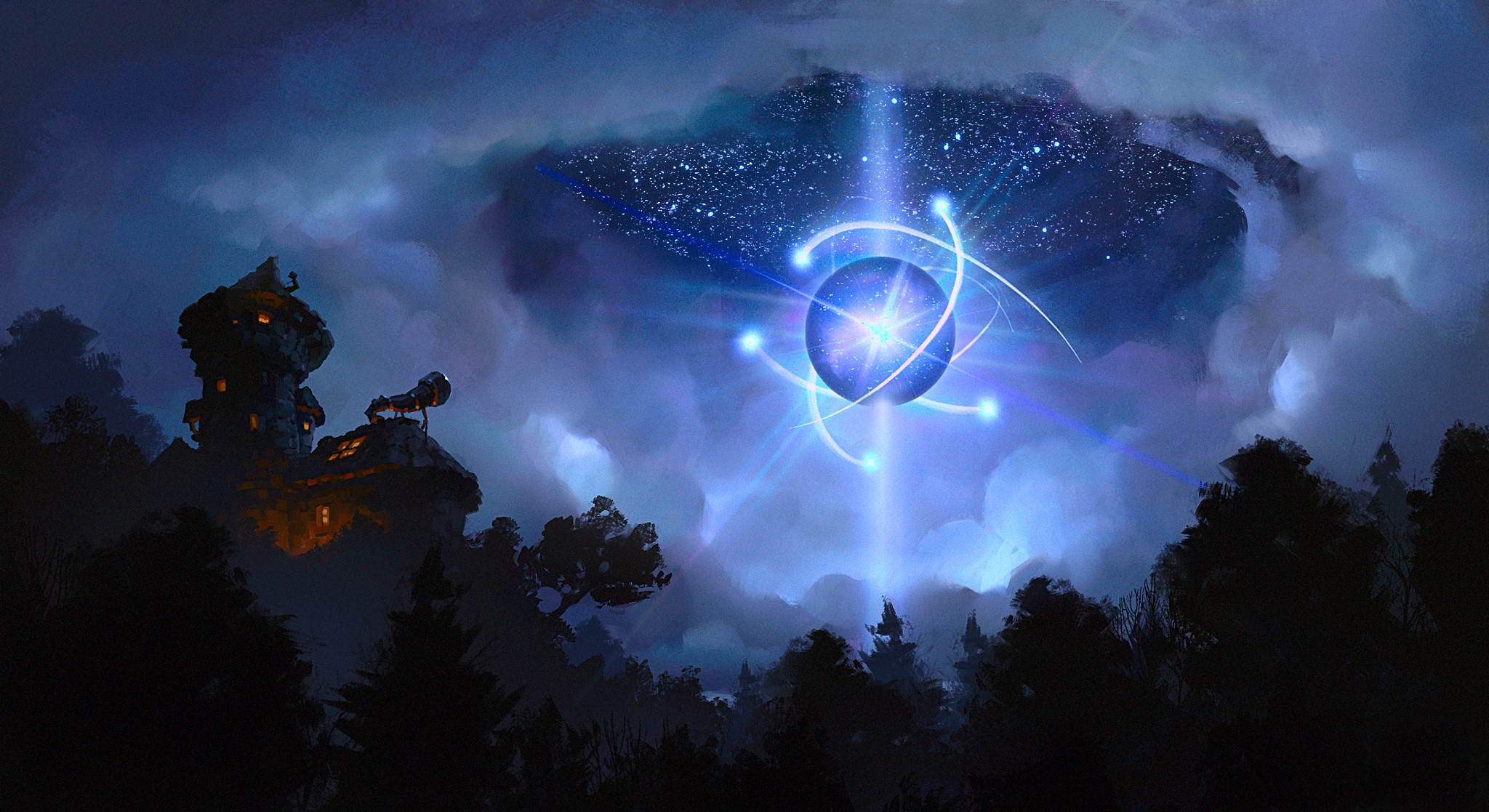 Mysterious glowing orb in a starry sky above a forest HD Wallpaper