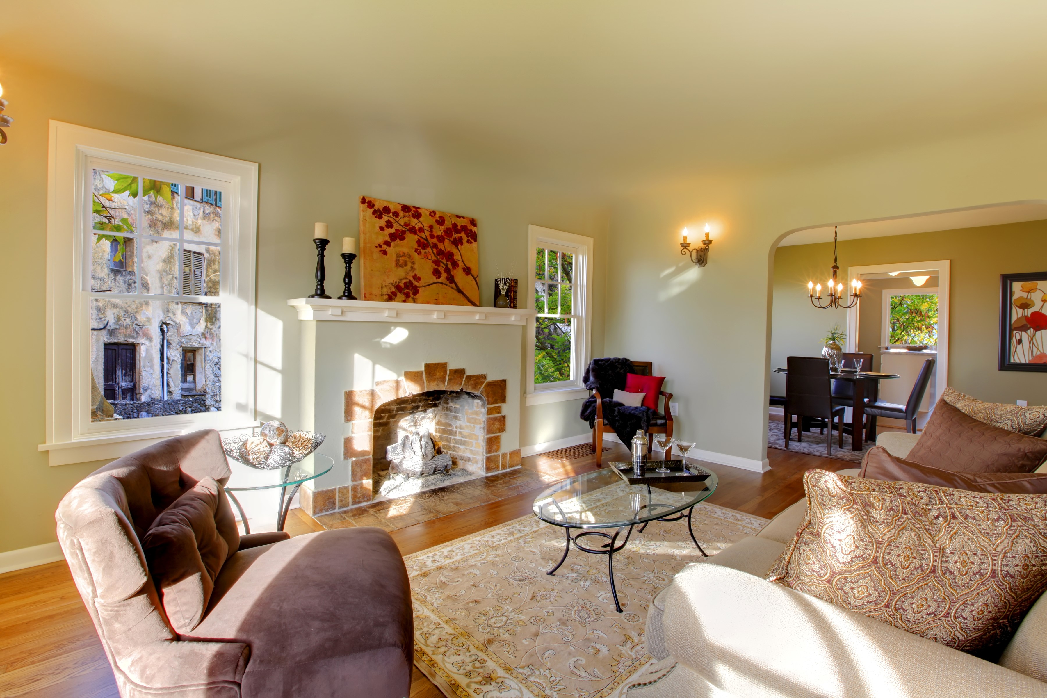 Living room with fireplace and armchair HD Wallpaper
