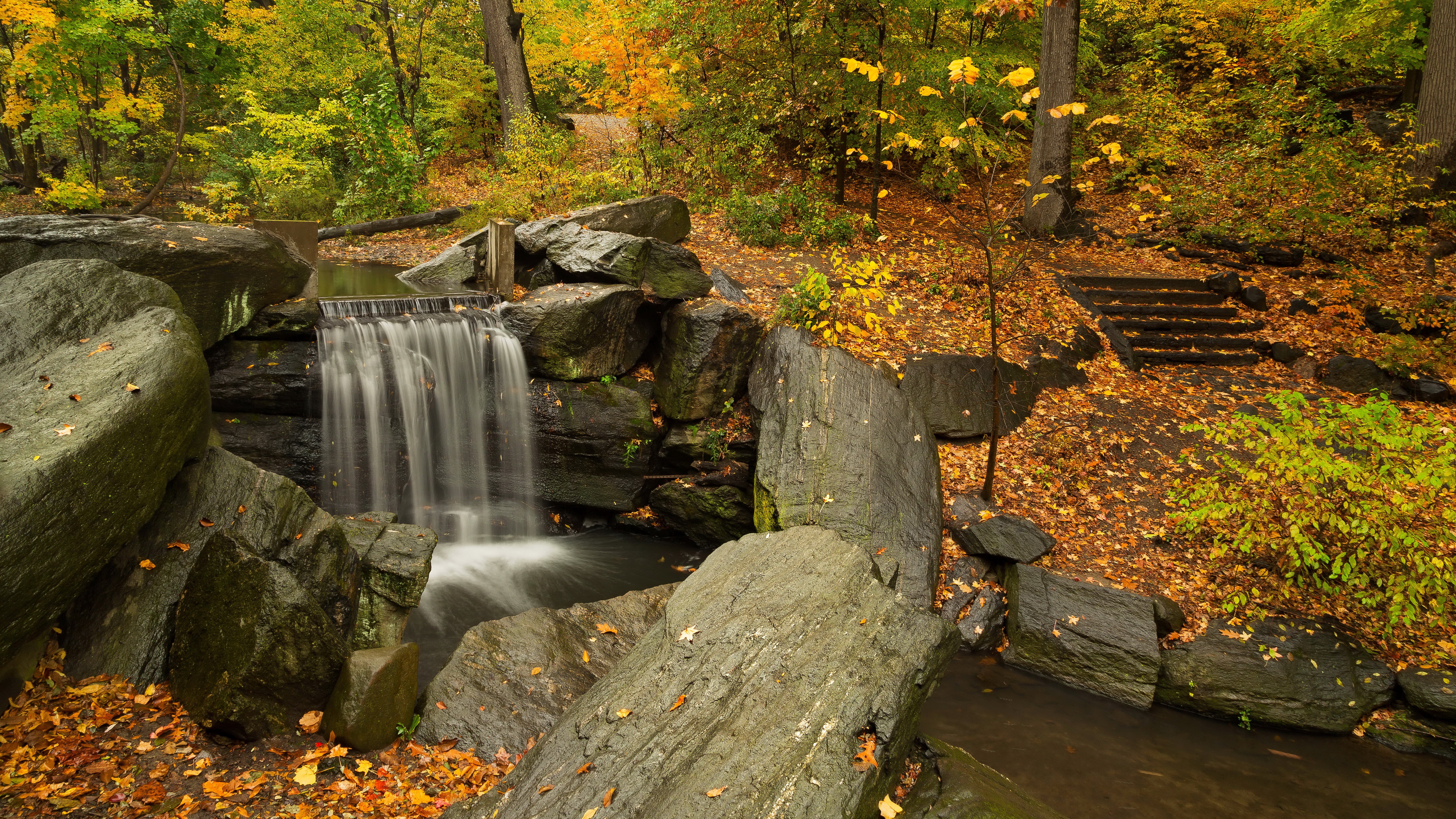 Autumn Waterfall with Stones and Stairs HD Wallpaper
