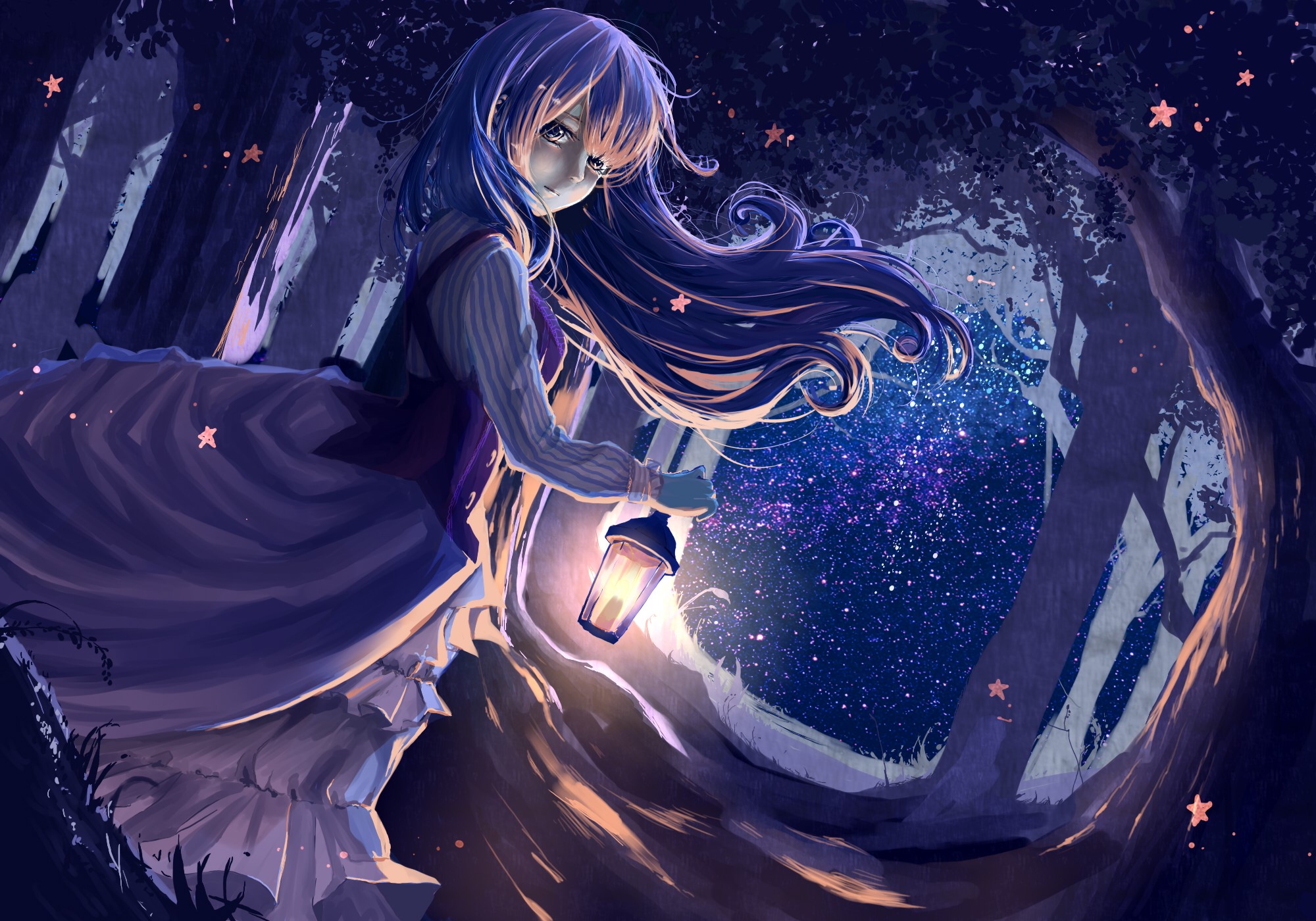 Girl with lantern in starry forest HD Wallpaper