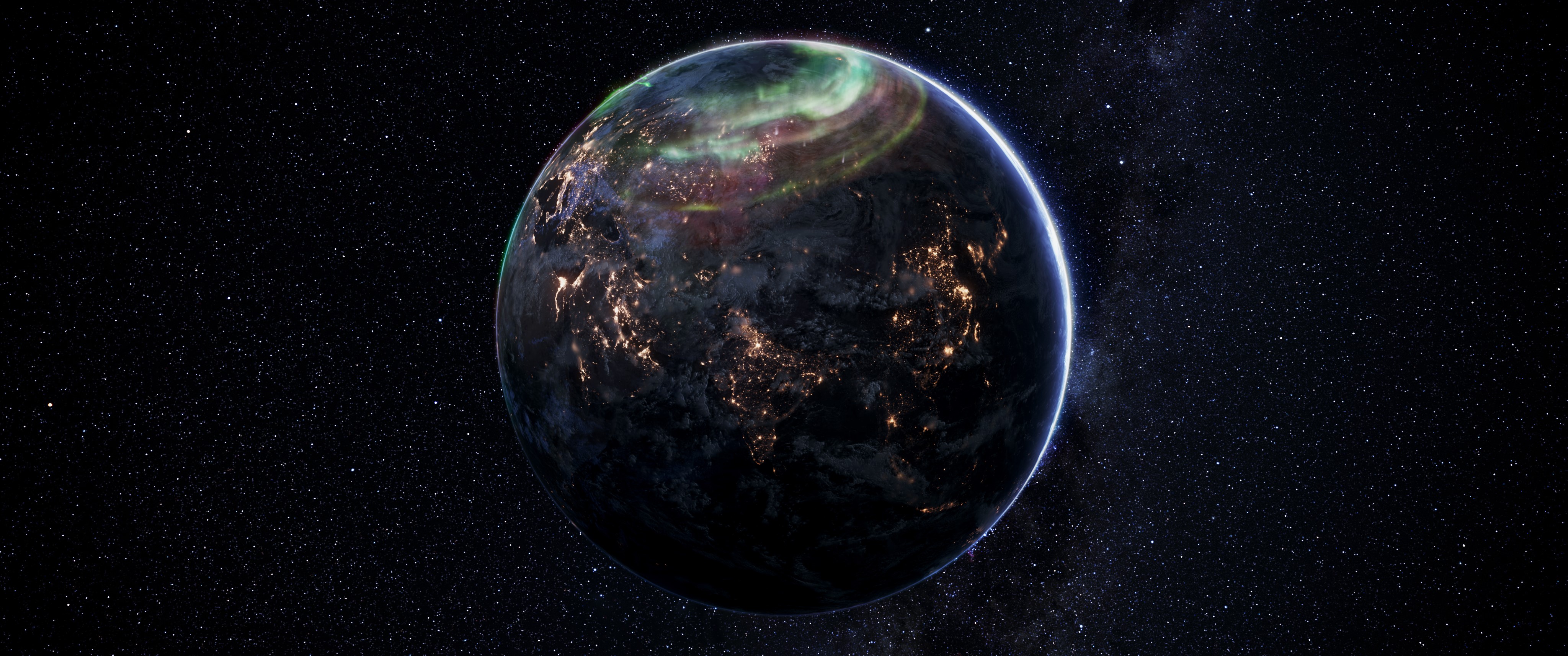 4K Planet with Aurora and City Lights HD Wallpaper