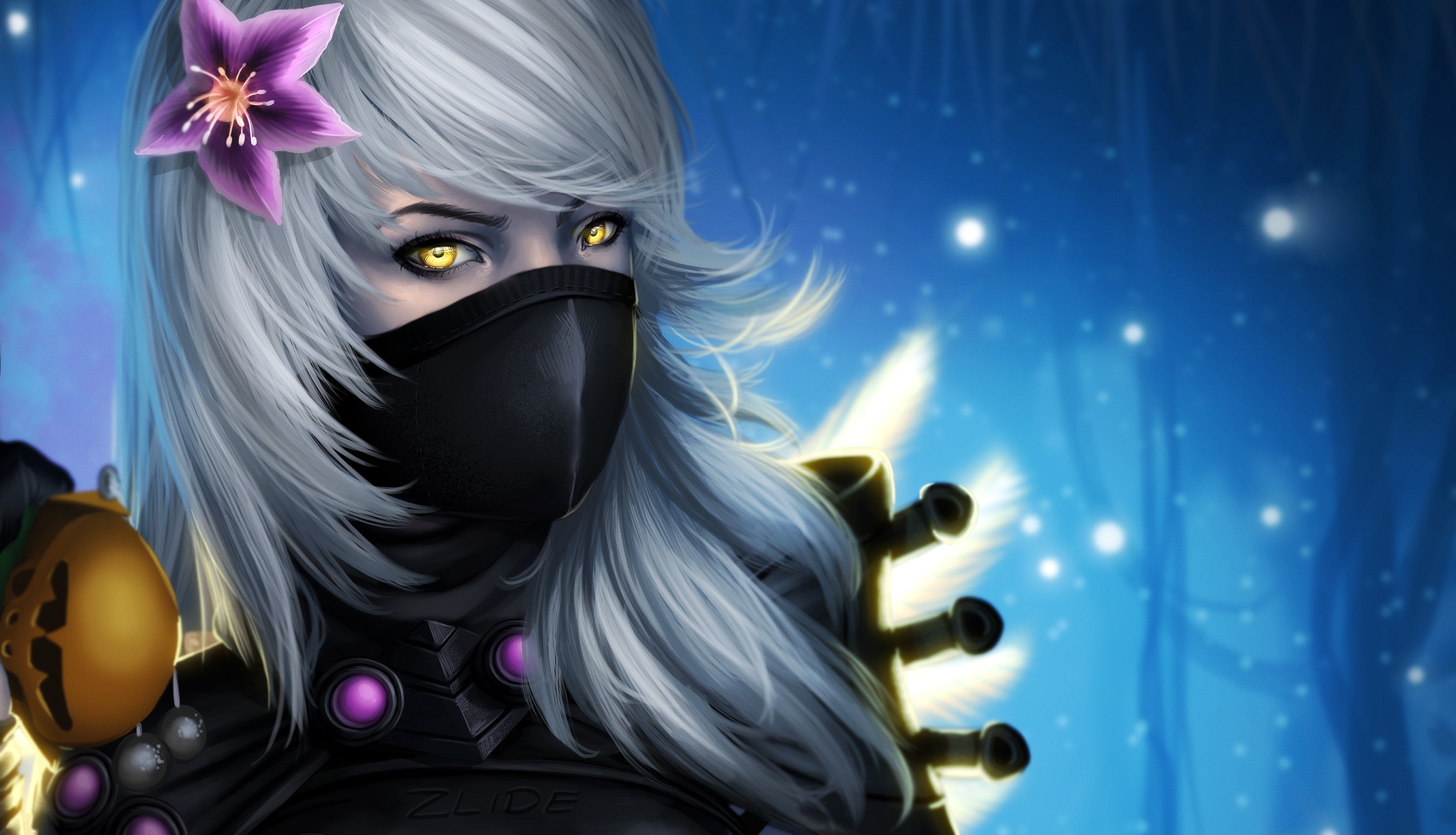 Woman with white hair and mask with flower HD Wallpaper