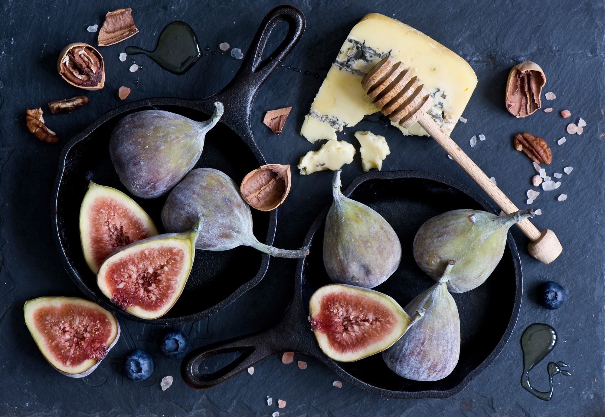 Figs, Cheese, Honey, and Nuts on Slate HD Wallpaper