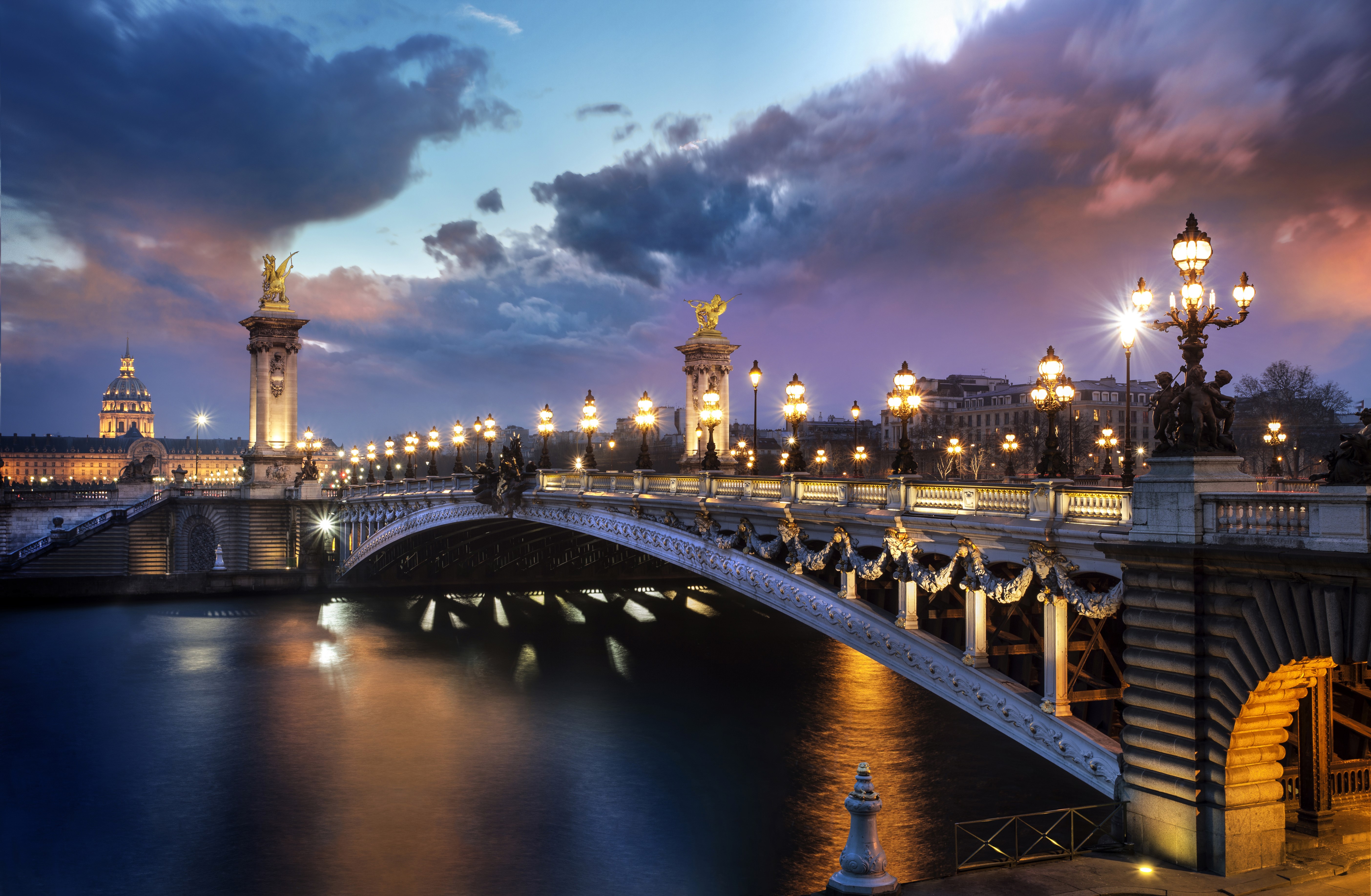 Alexandre III Bridge at night in Paris, France HD Wallpaper