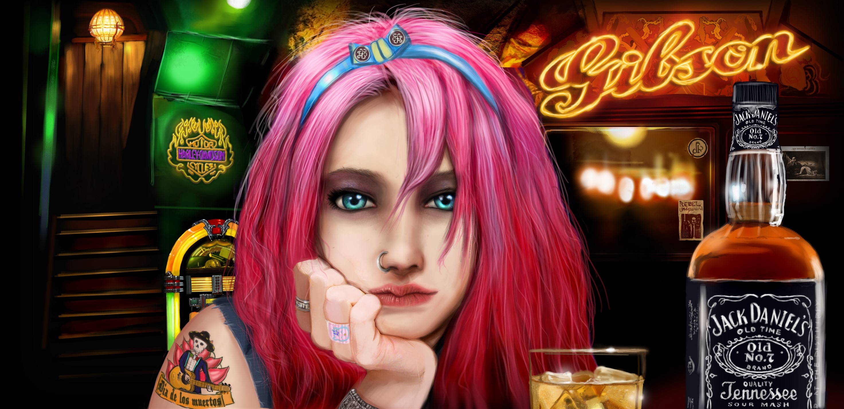 Woman with pink hair and Jack Daniel's bottle HD Wallpaper