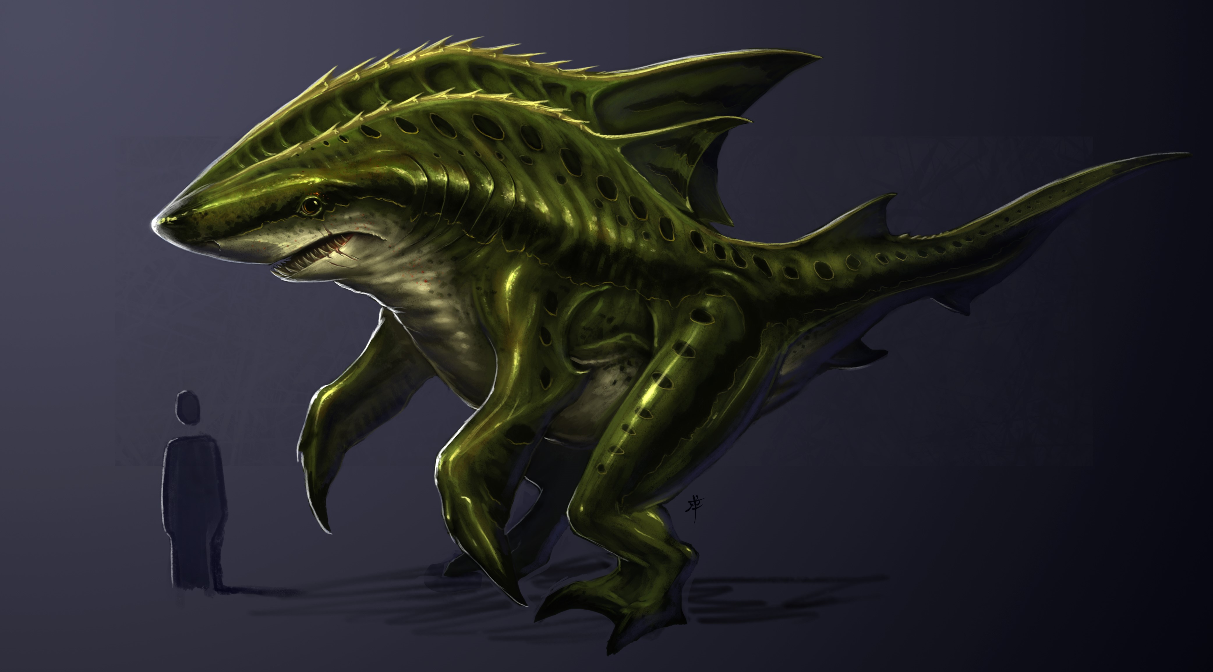 4K Monster with Shark Head and Dinosaur Body HD Wallpaper