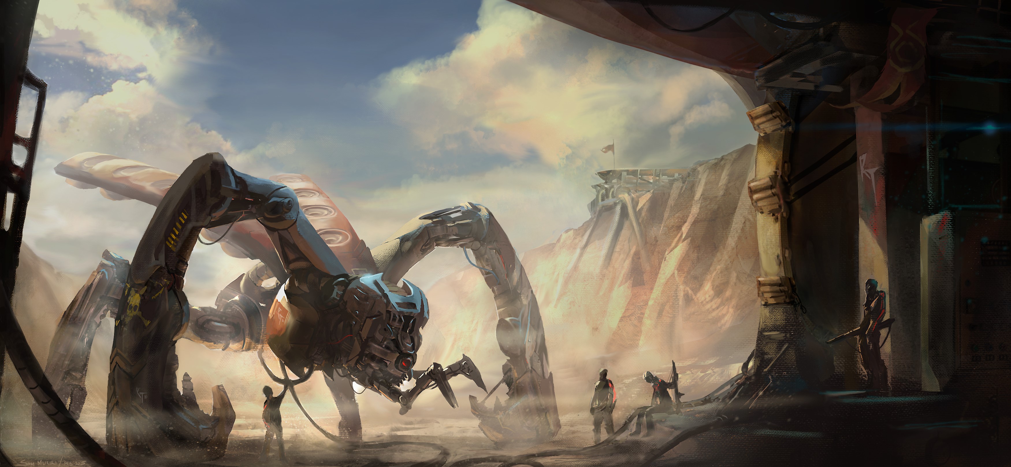 Giant mechanical spider-like machine in a desert landscape HD Wallpaper