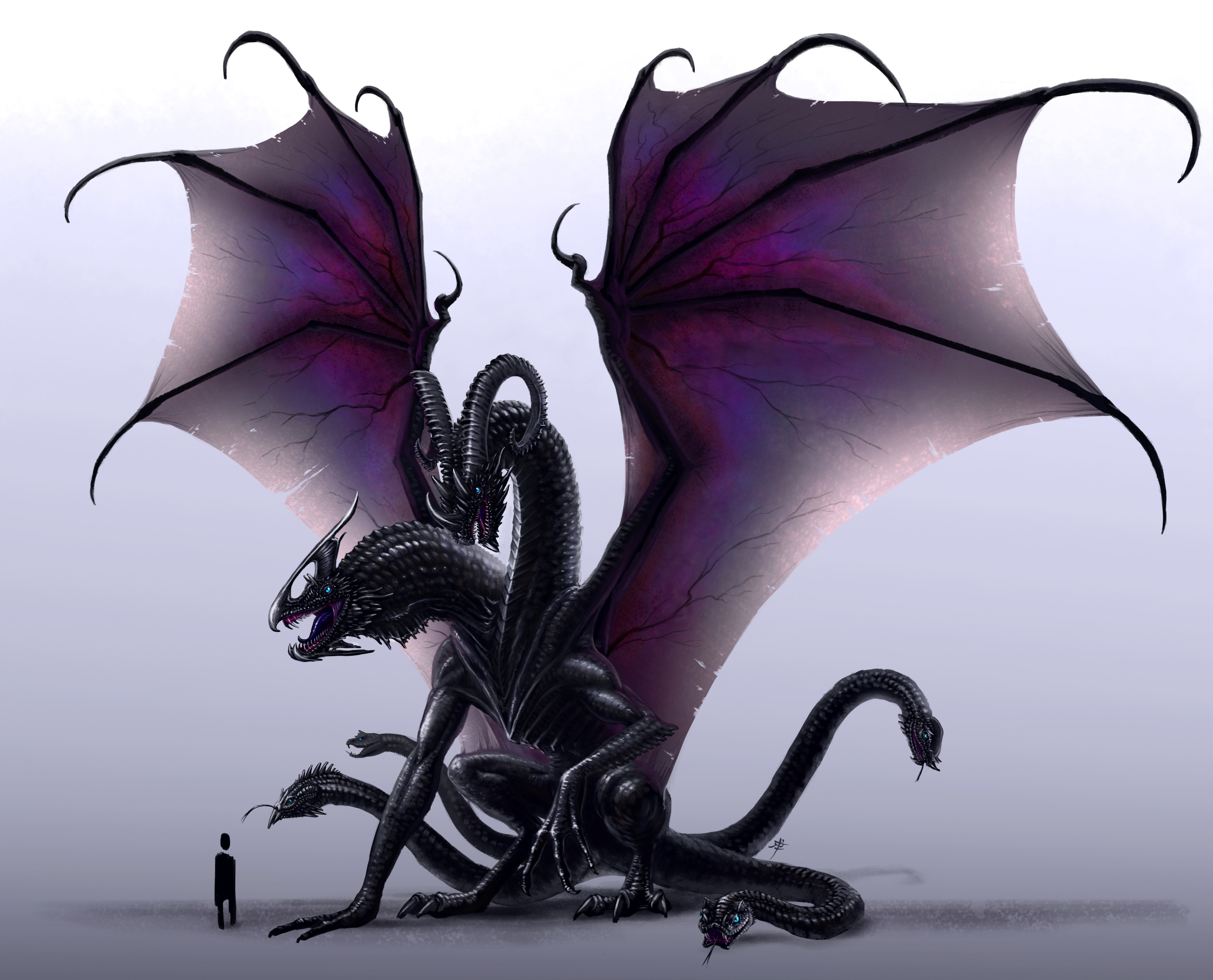 Four-headed black dragon with purple wings HD Wallpaper