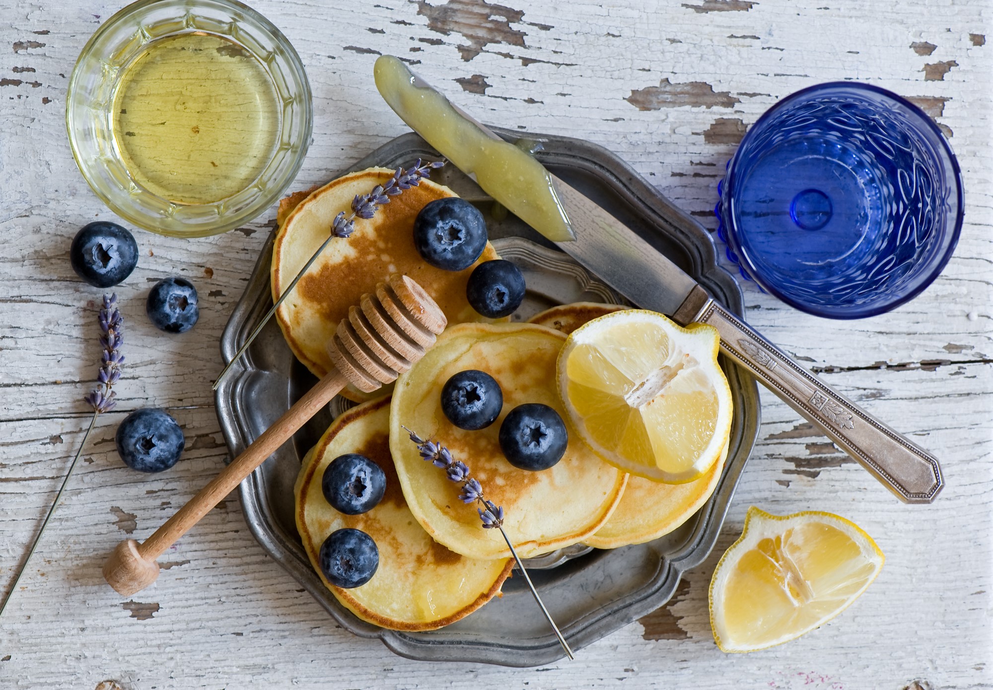 Pancakes with blueberries, lemon, honey, and lavender HD Wallpaper
