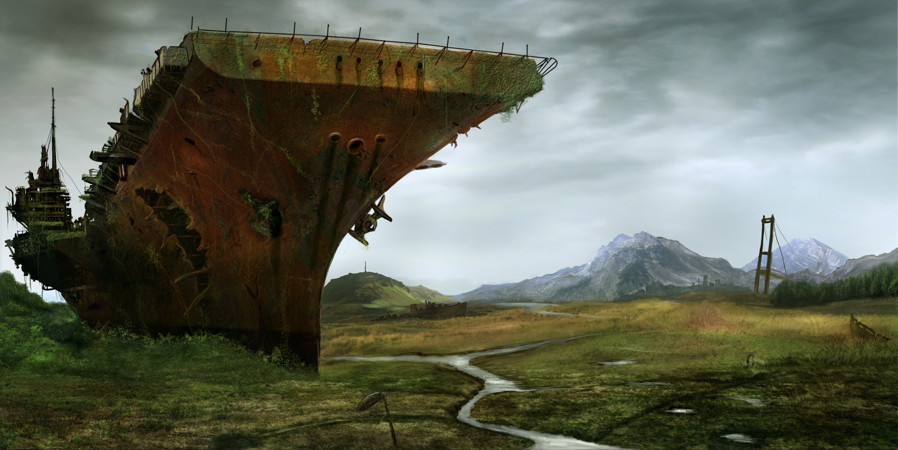 Ruined aircraft carrier in a desolate landscape HD Wallpaper