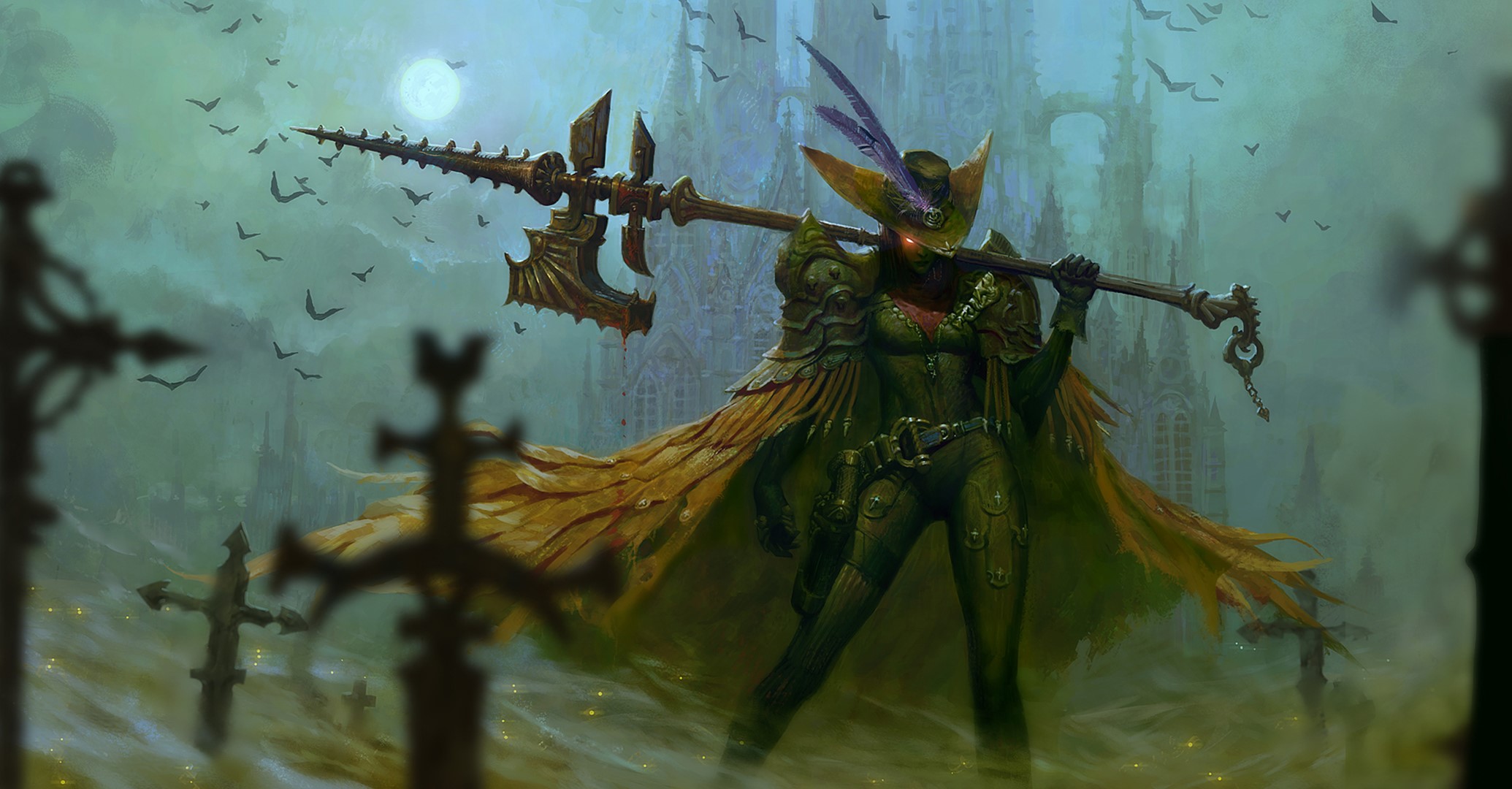 Warrior with halberd in a graveyard HD Wallpaper