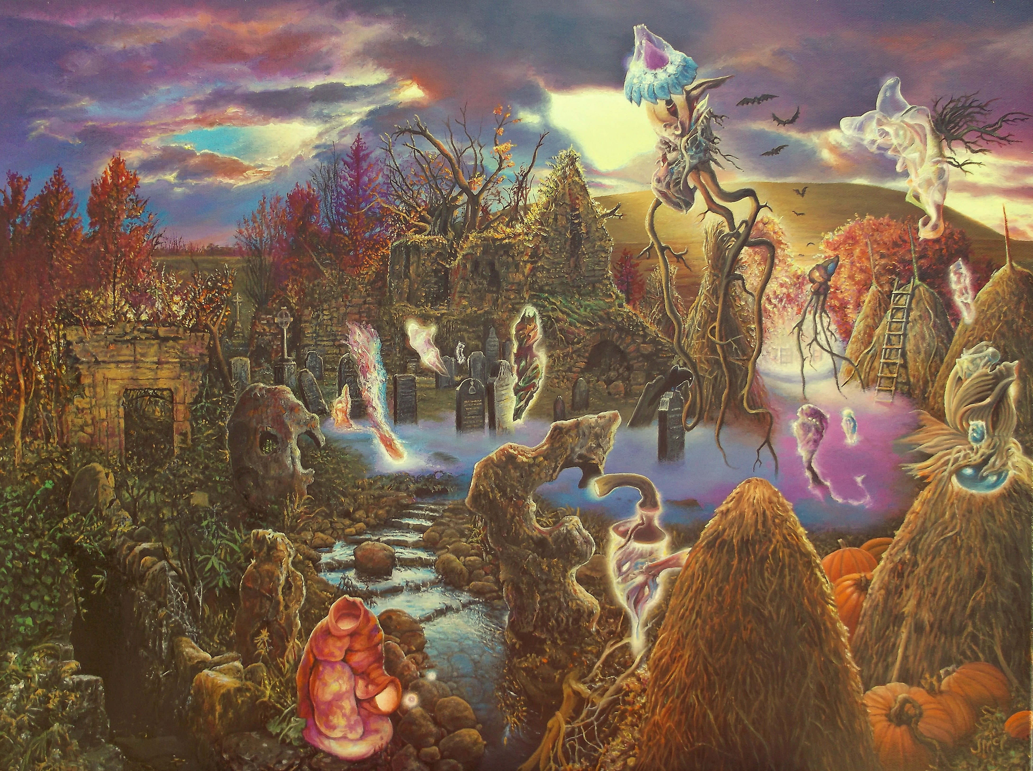 Fantastic world with ghosts and pumpkins HD Wallpaper