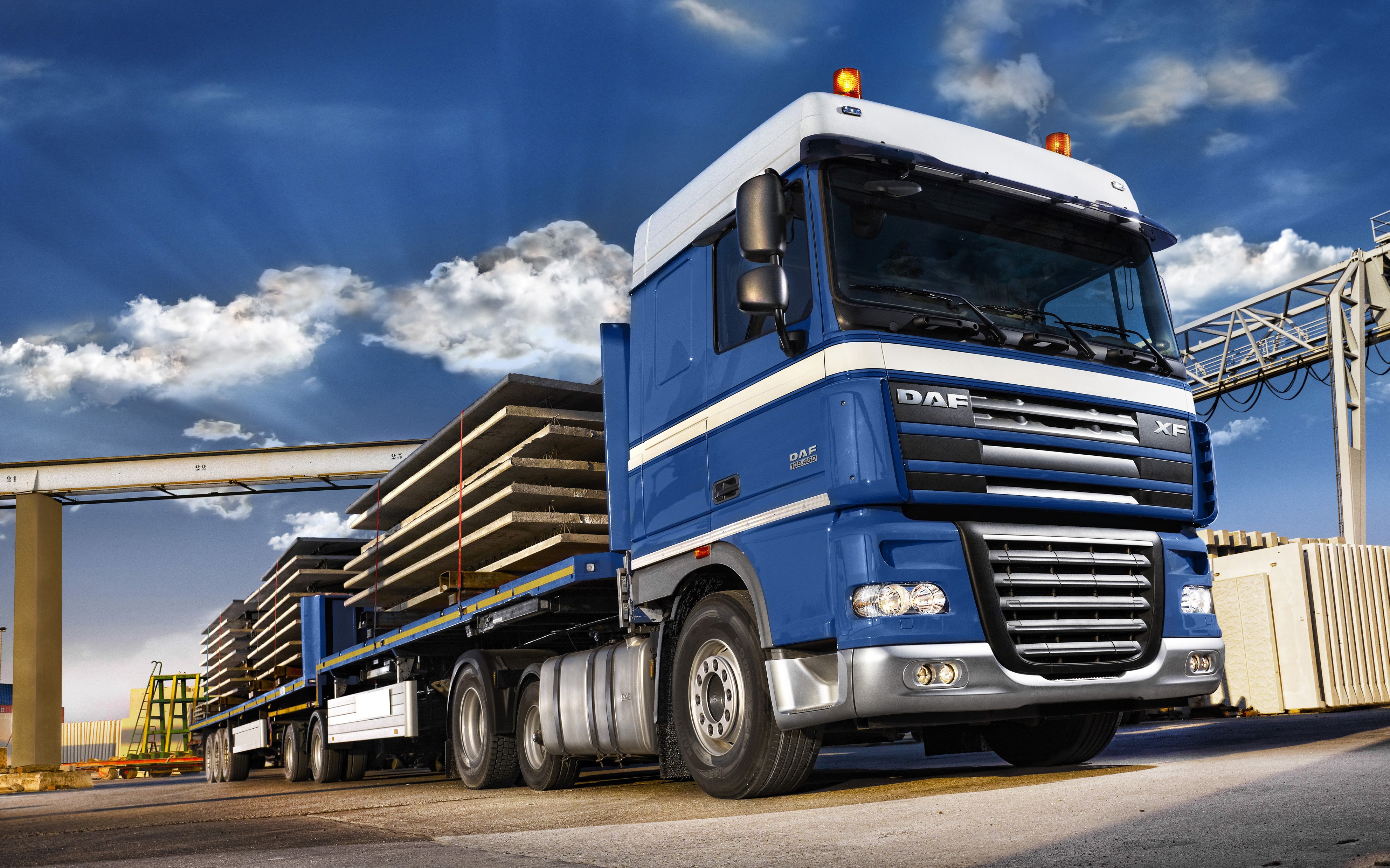 Blue DAF XF 105 Truck with Flatbed Trailer HD Wallpaper