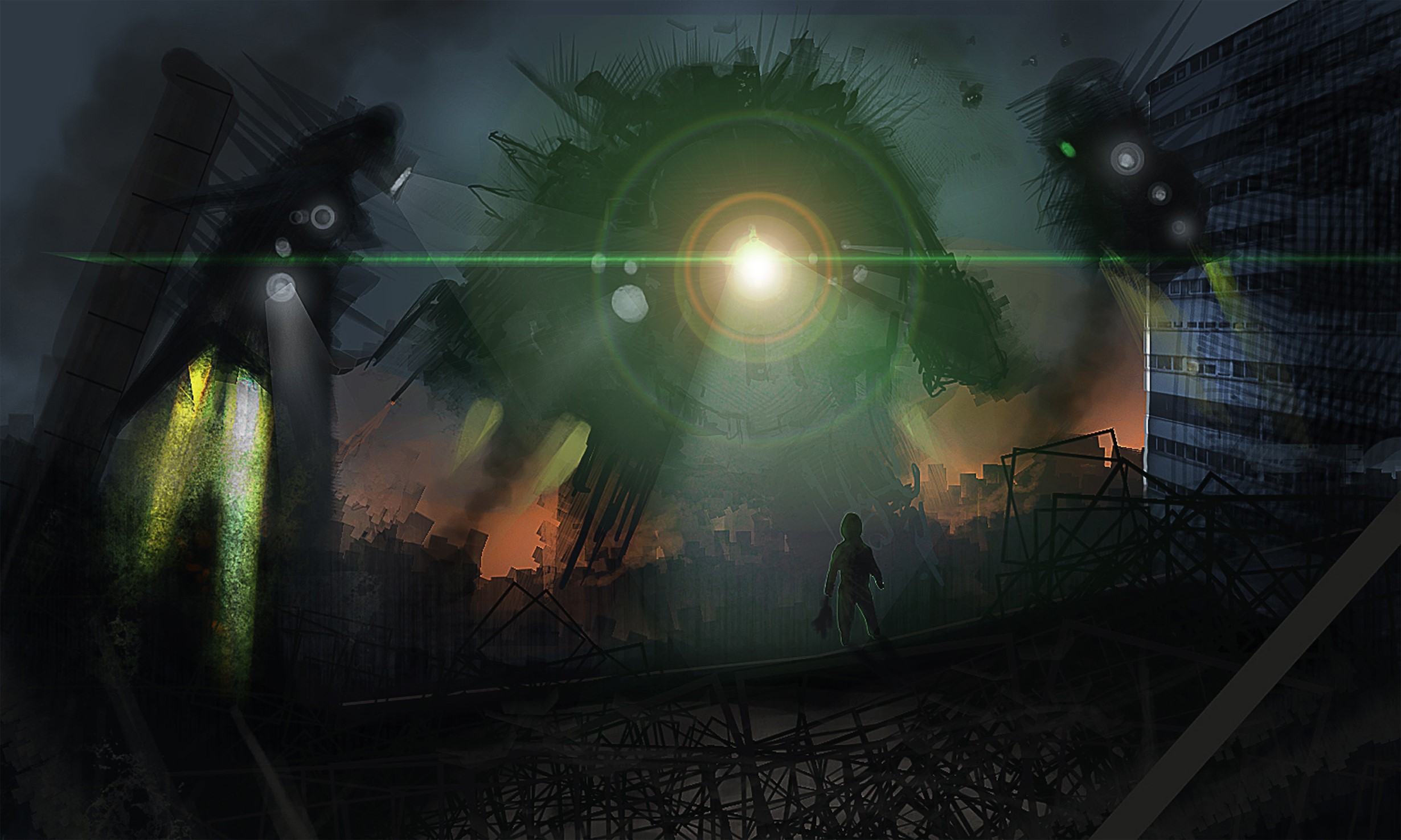 Giant robot eye over destroyed city with a boy HD Wallpaper