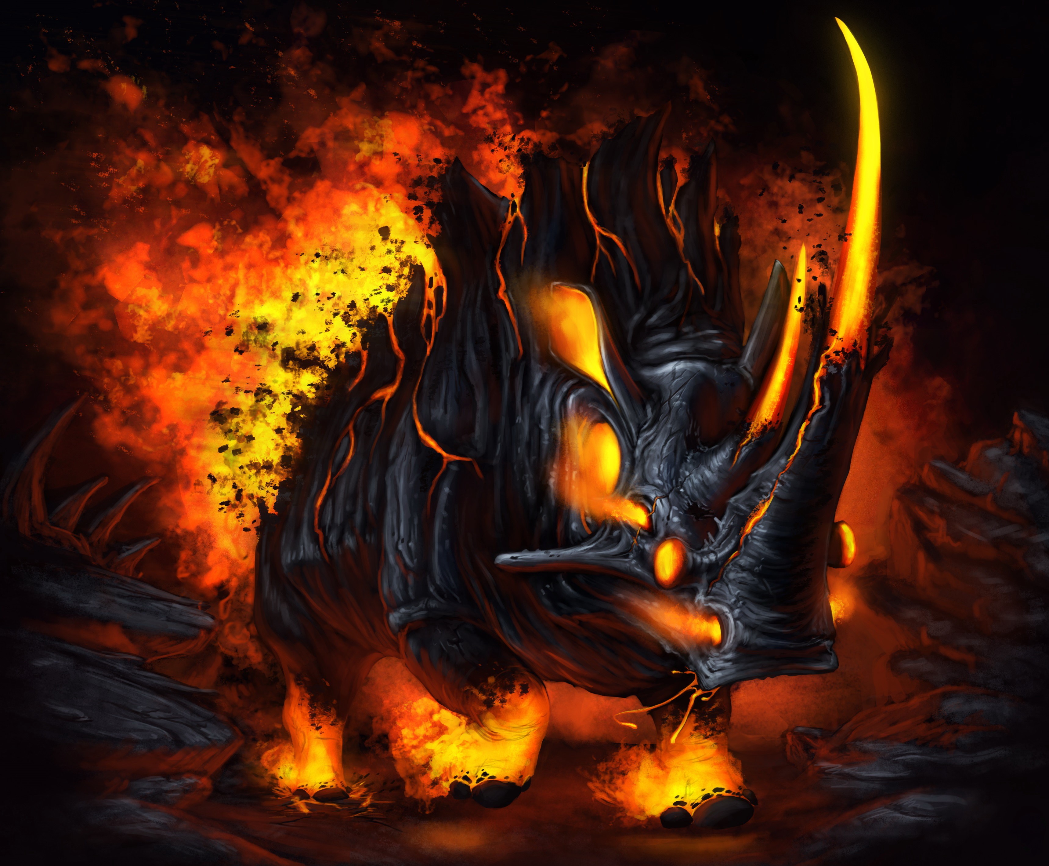Fire Rhino Monster with Glowing Horns HD Wallpaper