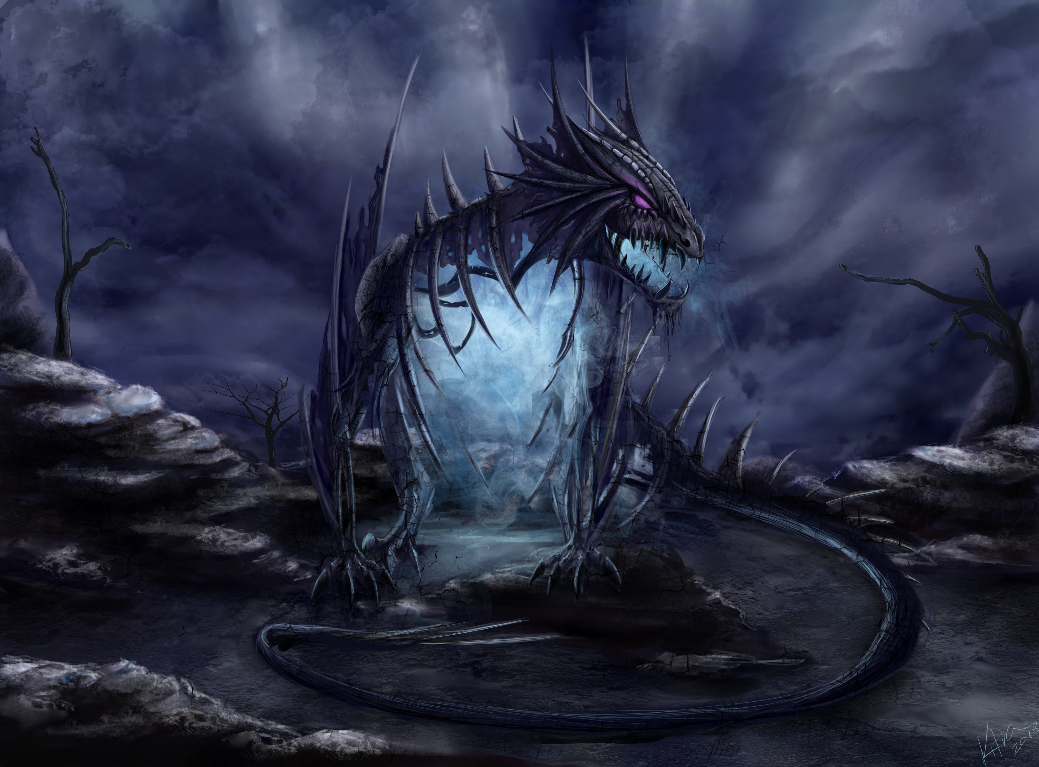Dark Dragon with Glowing Chest in Gloomy Landscape HD Wallpaper