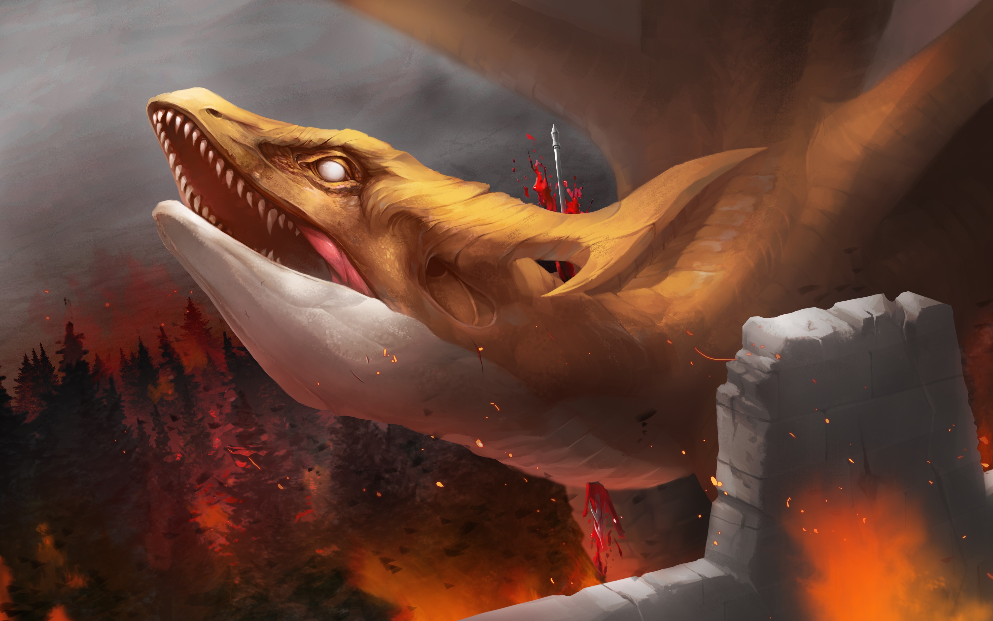 Dragon attacking a castle with a forest fire HD Wallpaper