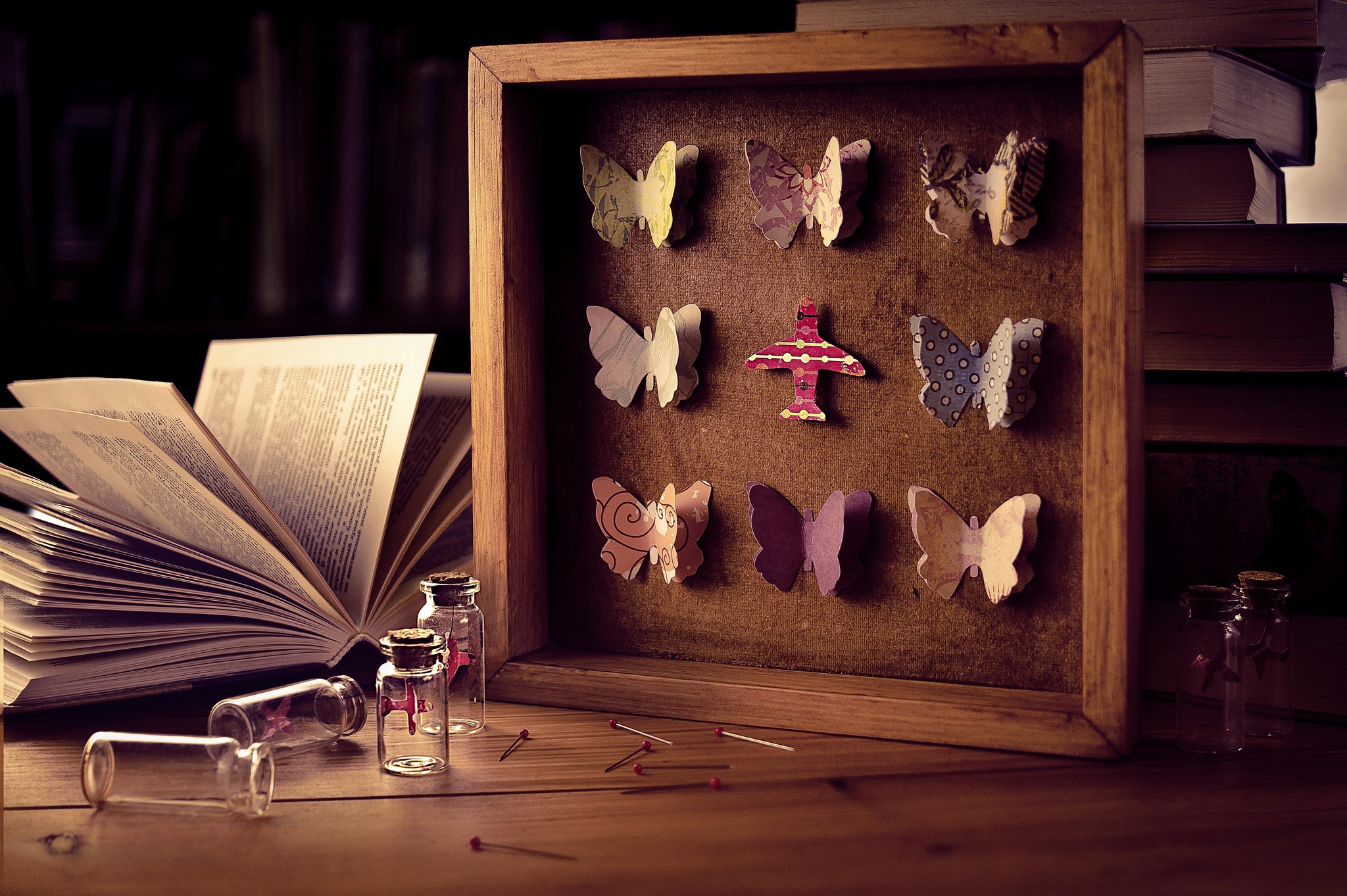 Paper Butterflies in a Shadow Box with Books and Vials HD Wallpaper