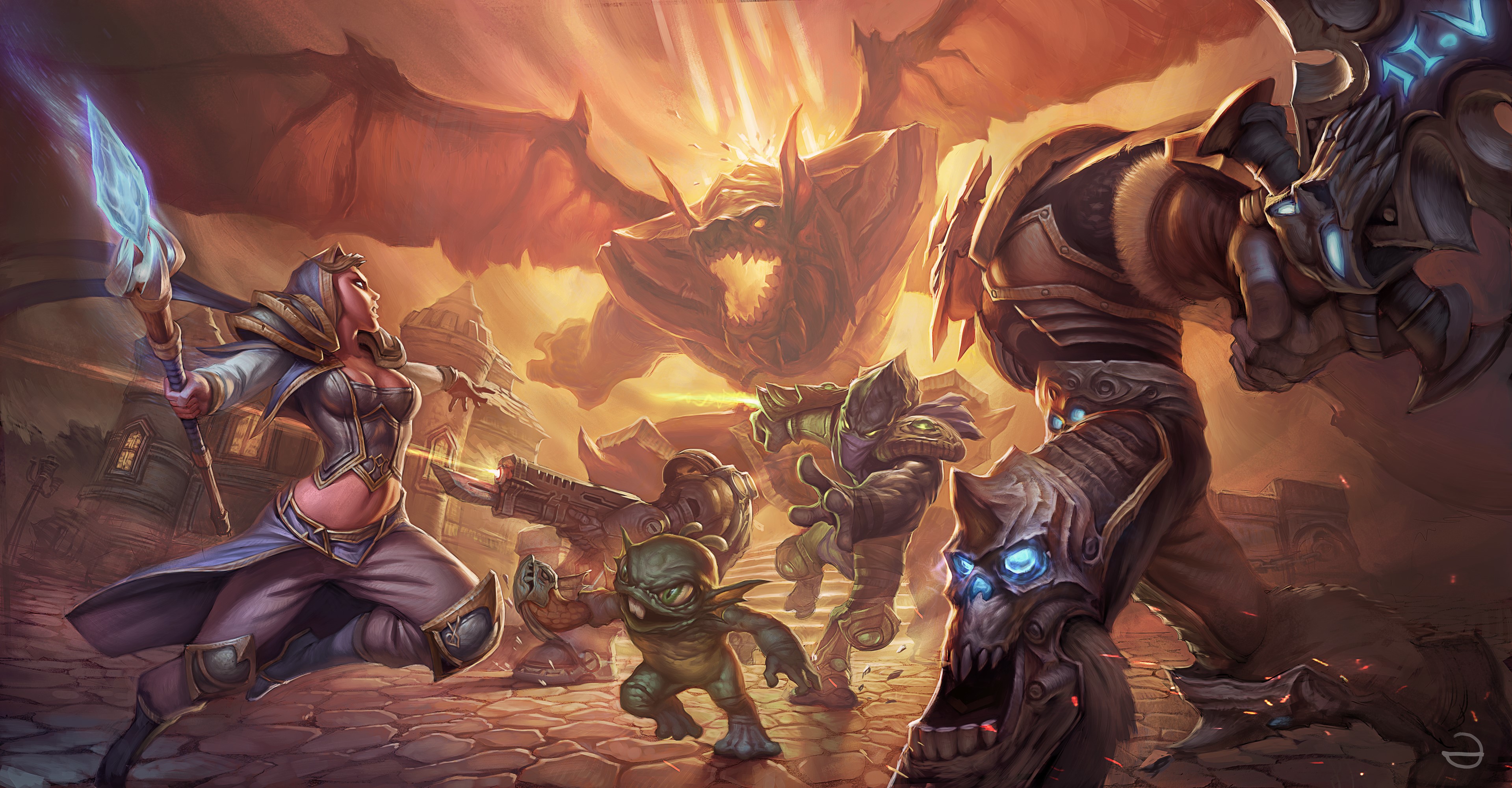 Heroes of the Storm characters battling a dragon and a large monster HD Wallpaper