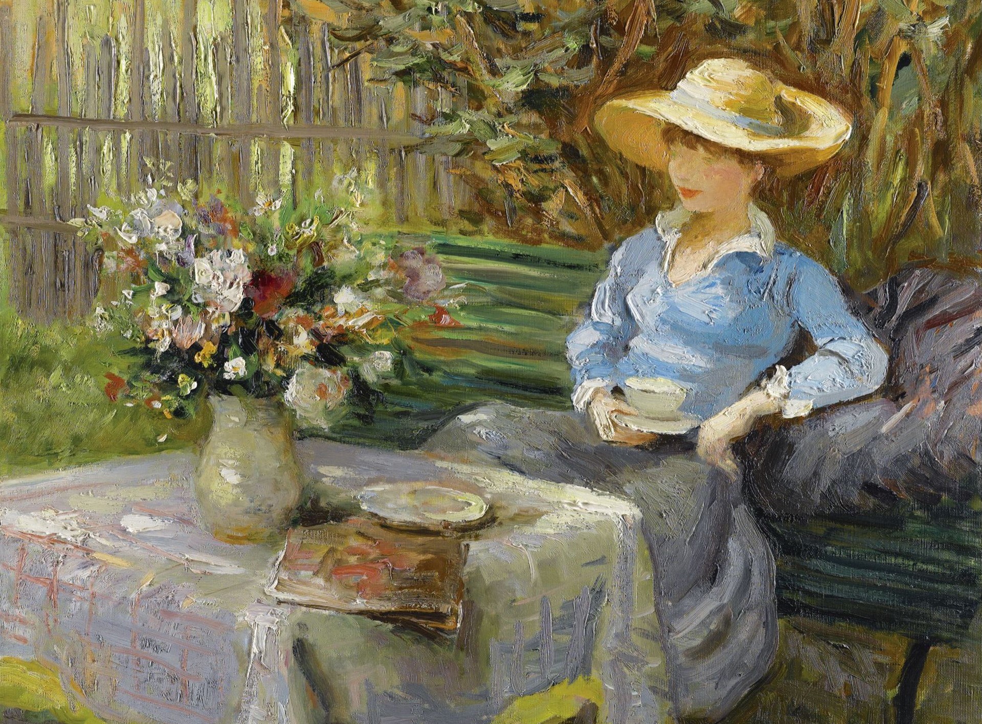 Woman in a straw hat drinking tea in a garden HD Wallpaper