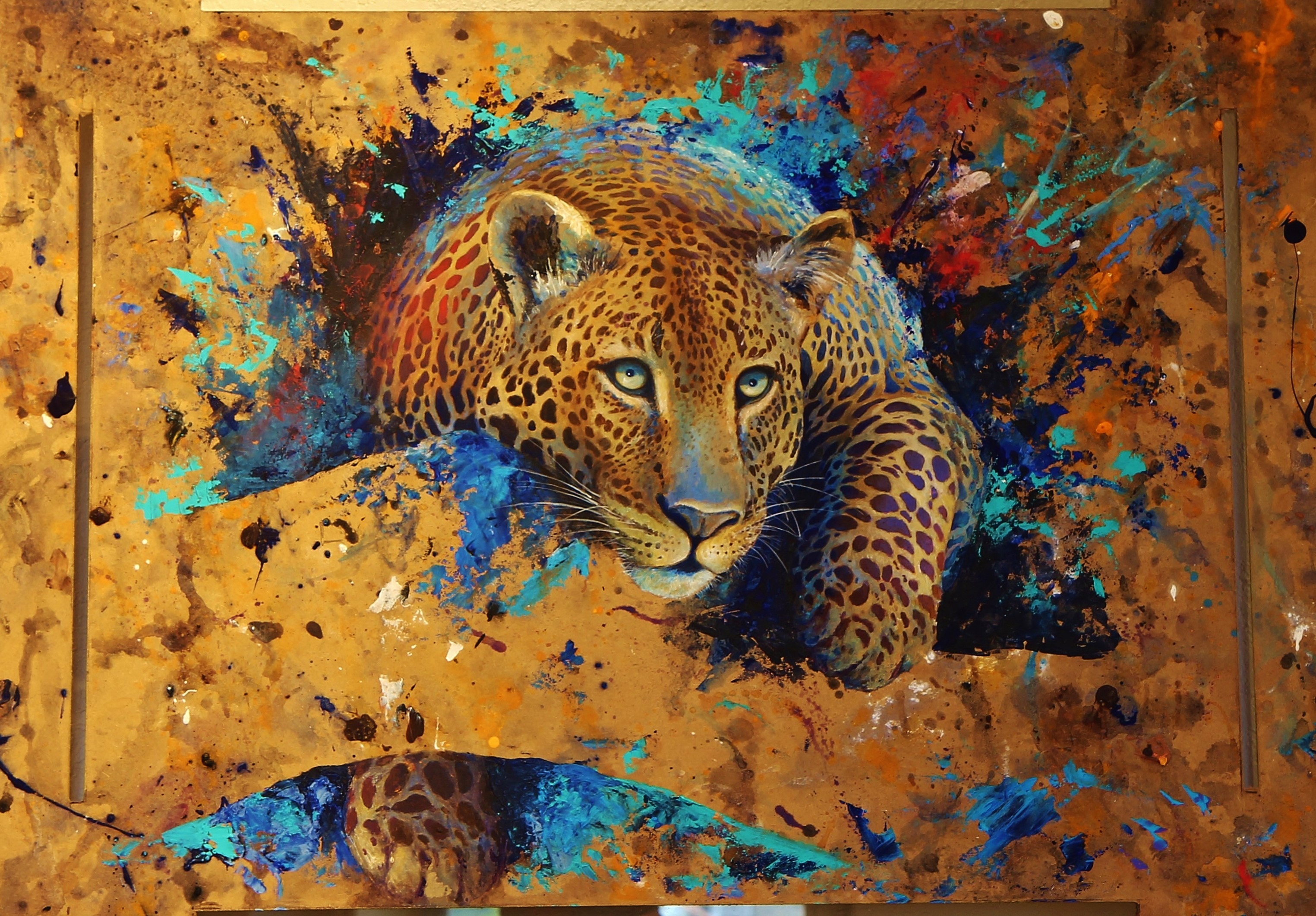 Leopard painting with abstract colorful splashes HD Wallpaper