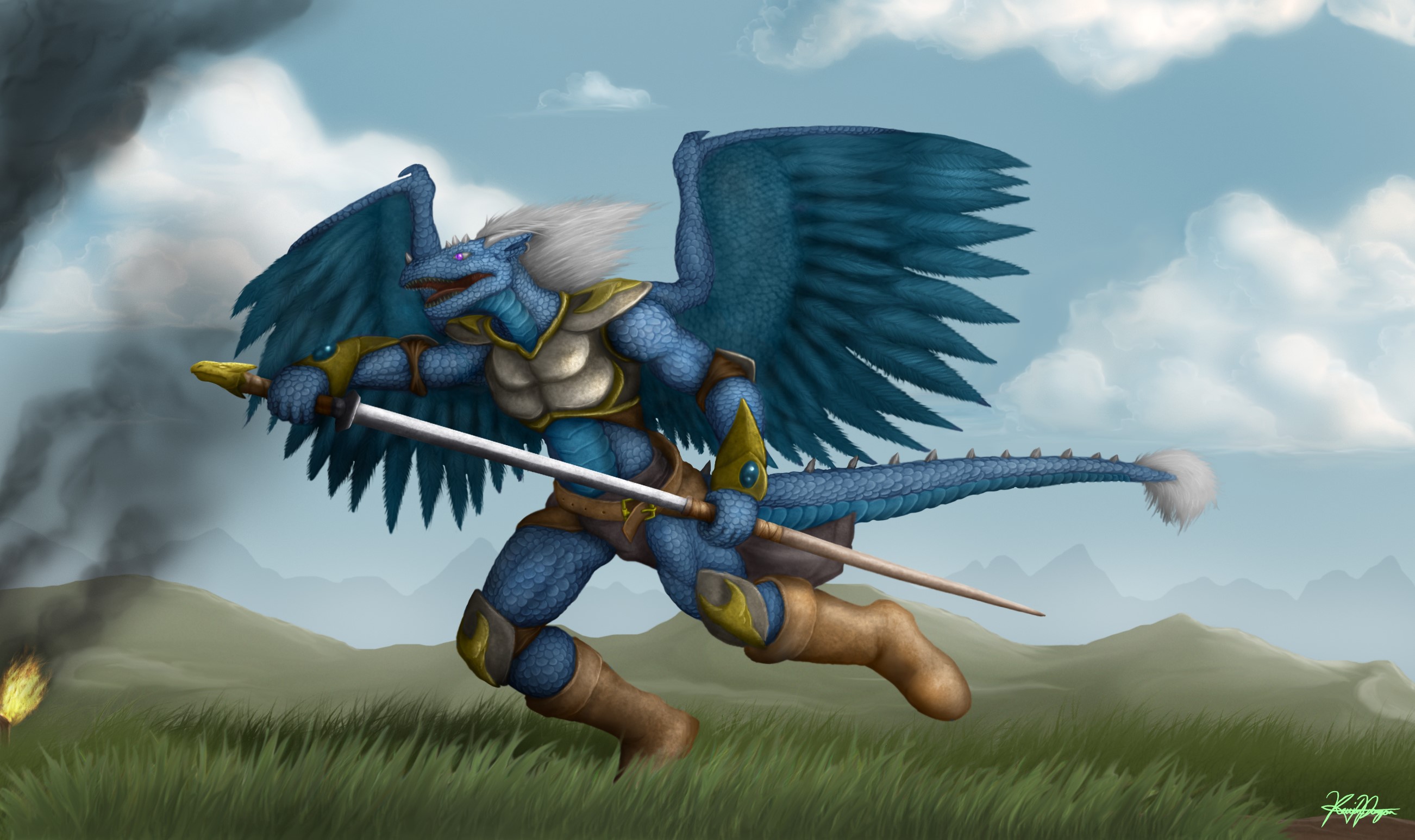 Blue dragon warrior with wings and sword HD Wallpaper