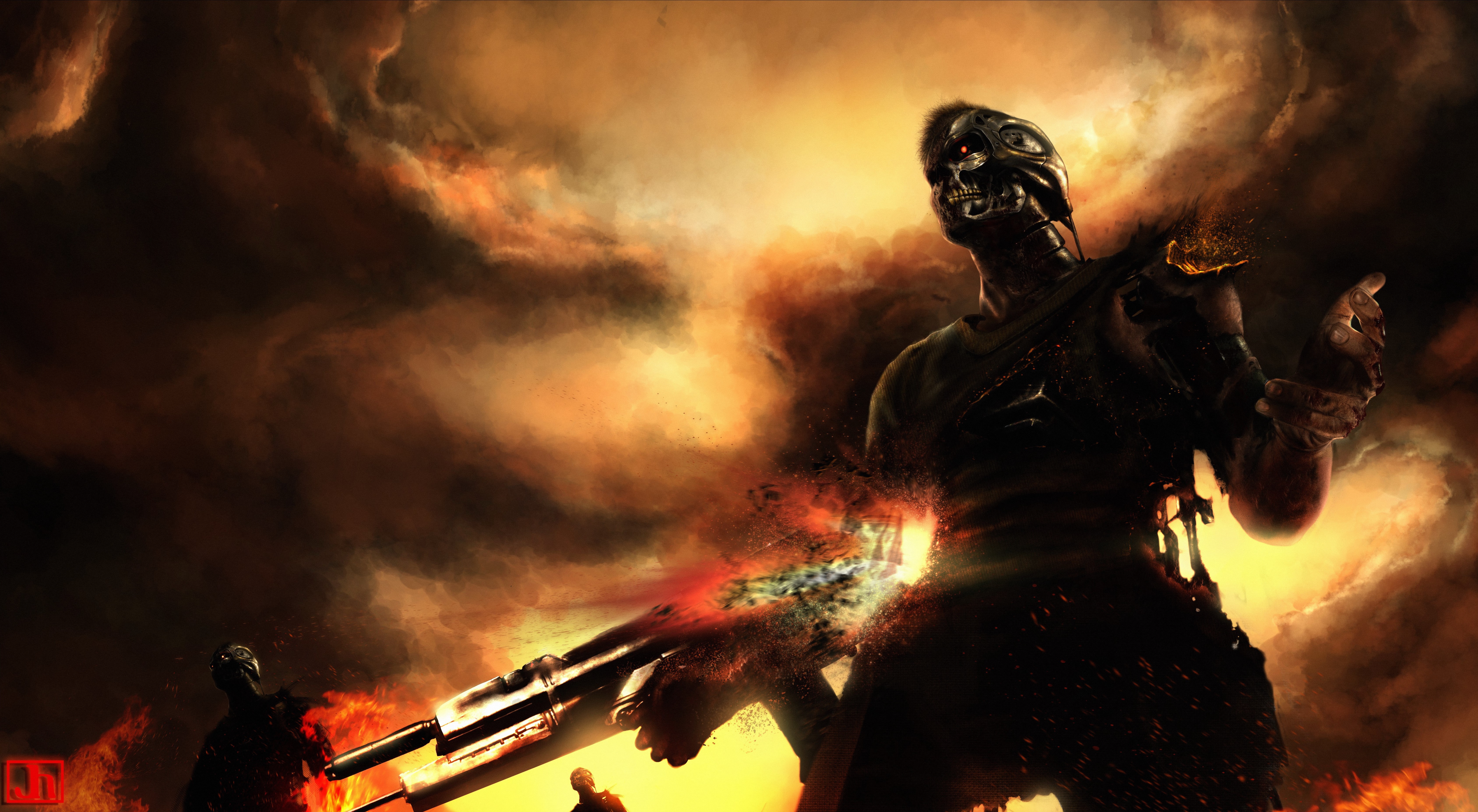 The Terminator in a fiery landscape HD Wallpaper