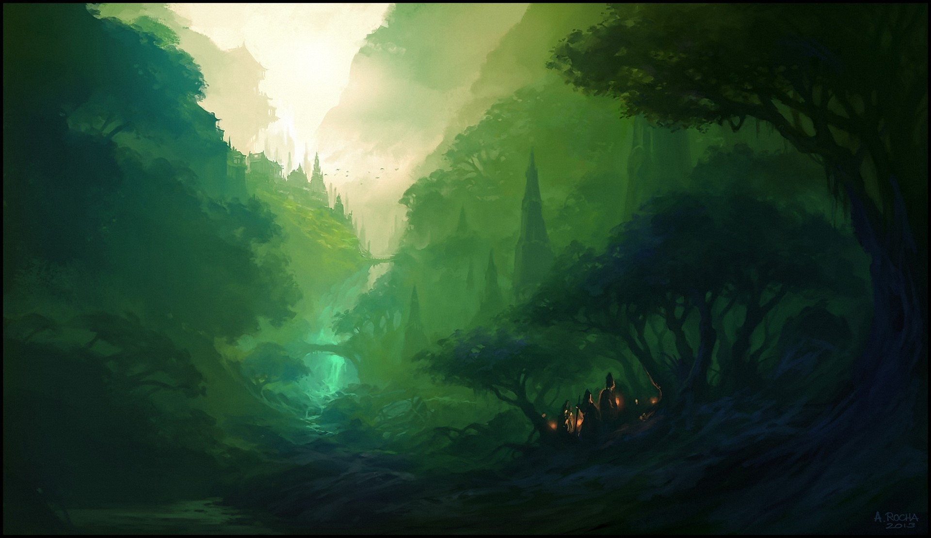 Fantasy forest landscape with ancient structures and glowing lights HD Wallpaper
