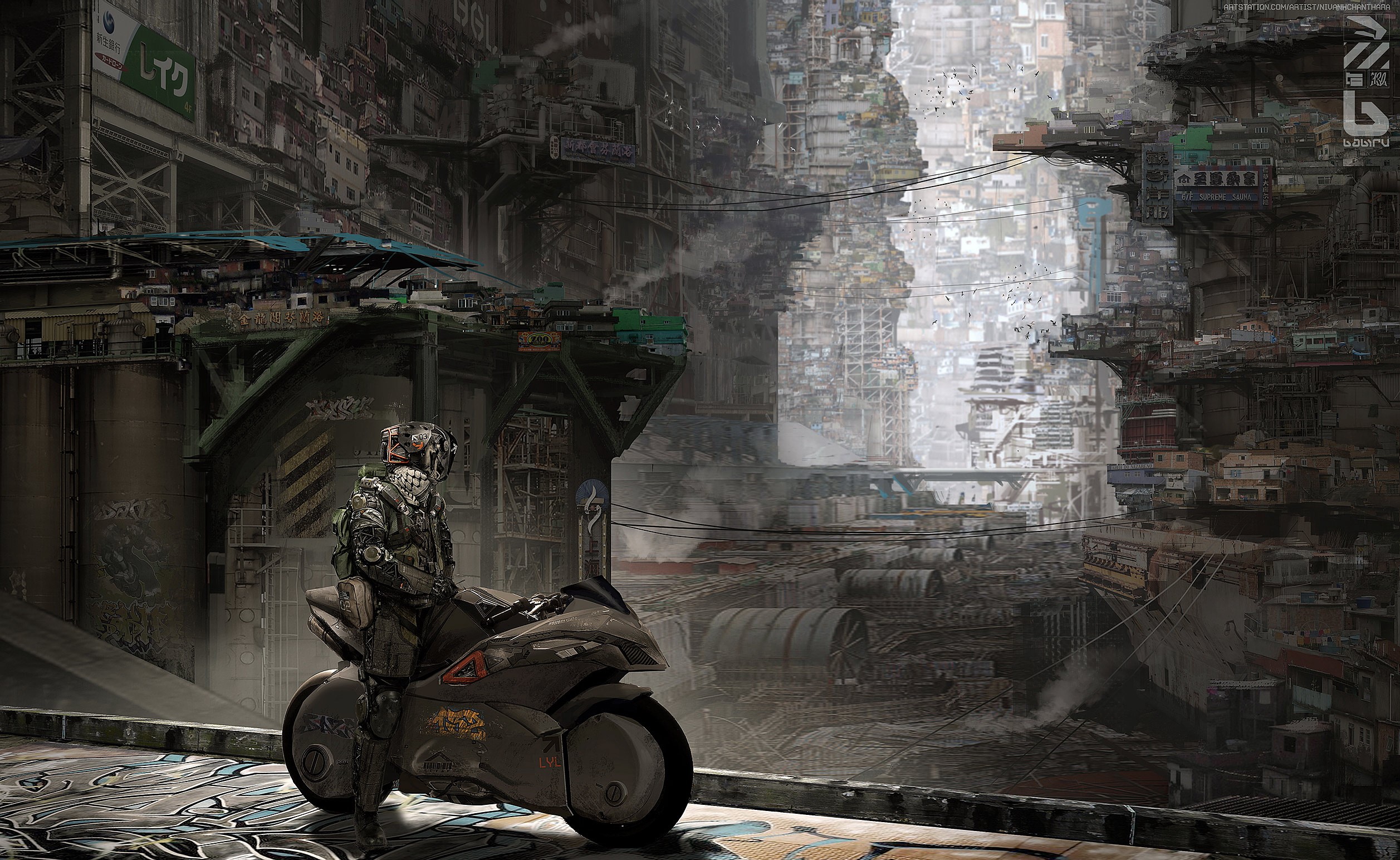 Motorcyclist in a futuristic, dystopian city HD Wallpaper