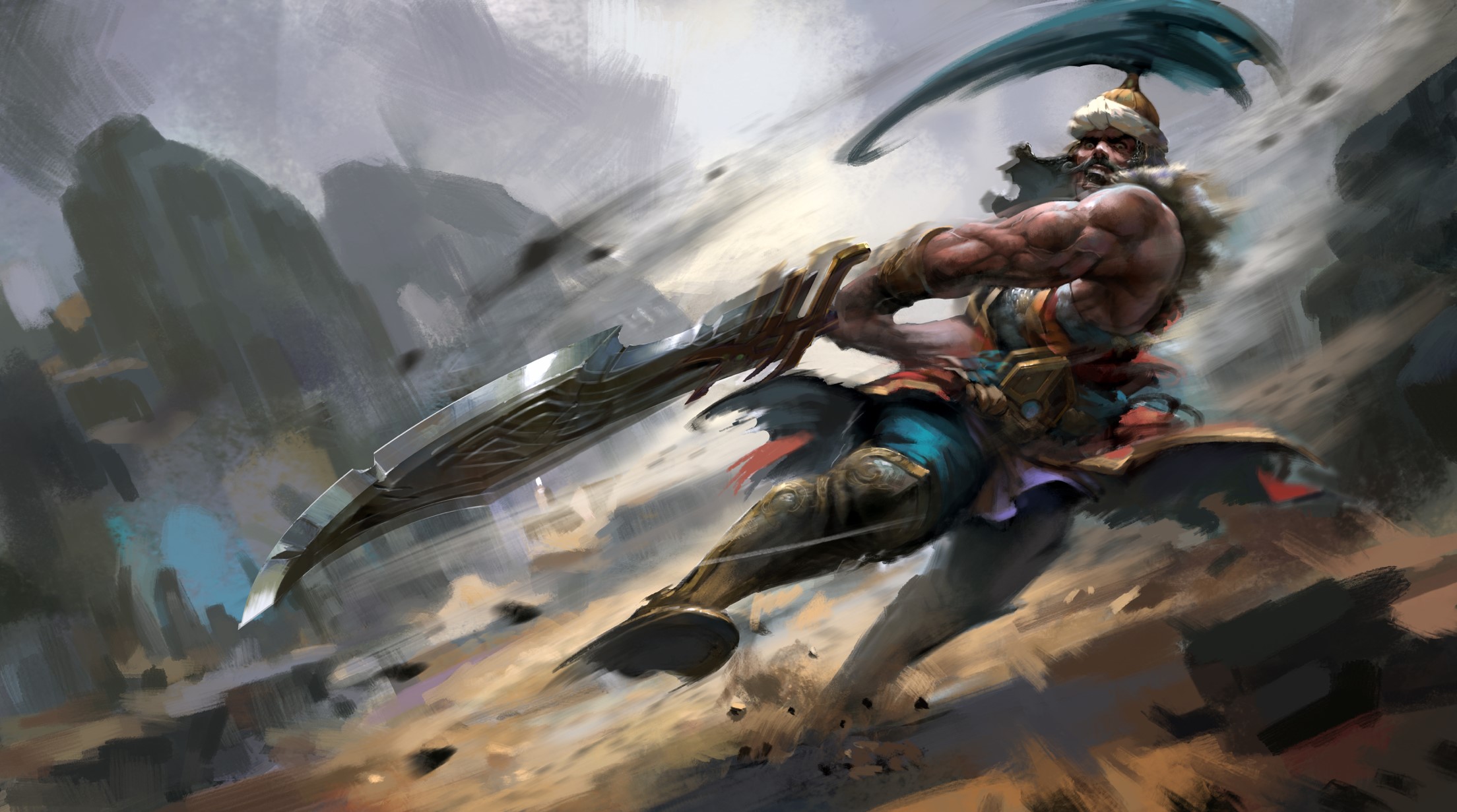 Warrior with a large sword in a rocky landscape HD Wallpaper