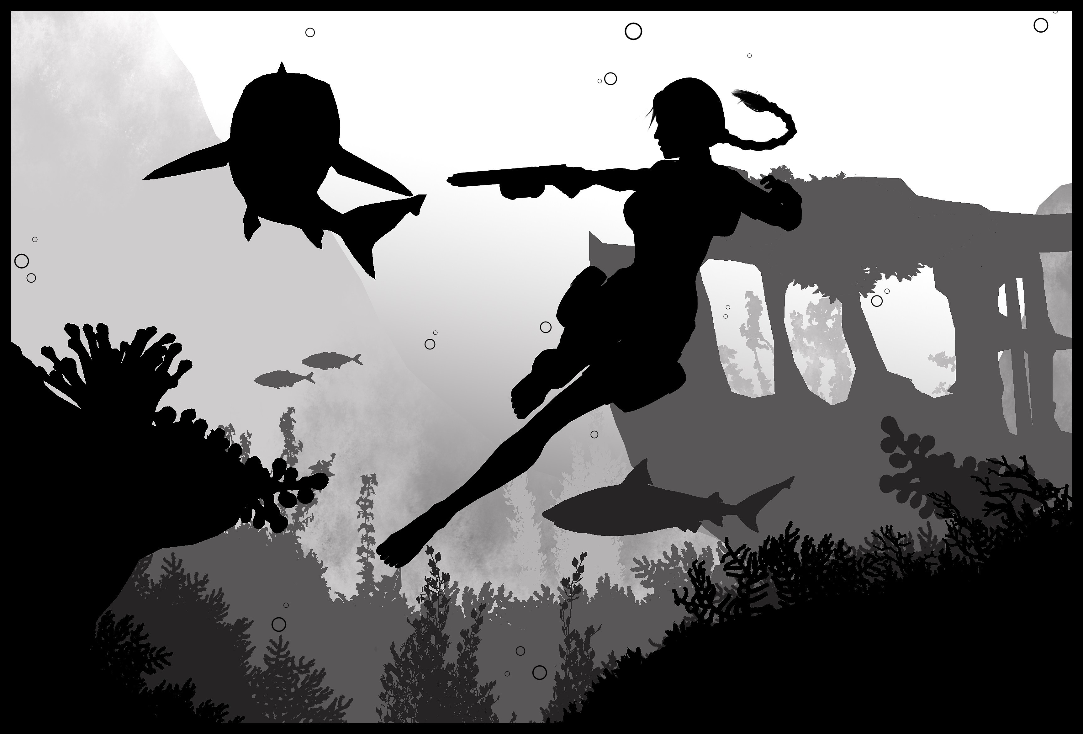 Lara Croft from Tomb Raider Underworld silhouette fighting sharks HD Wallpaper