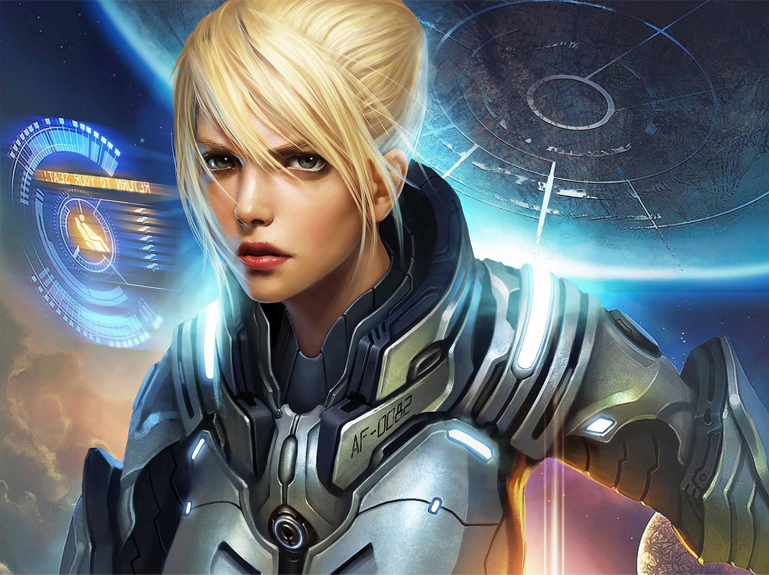 Olivia in futuristic armor with space station HD Wallpaper
