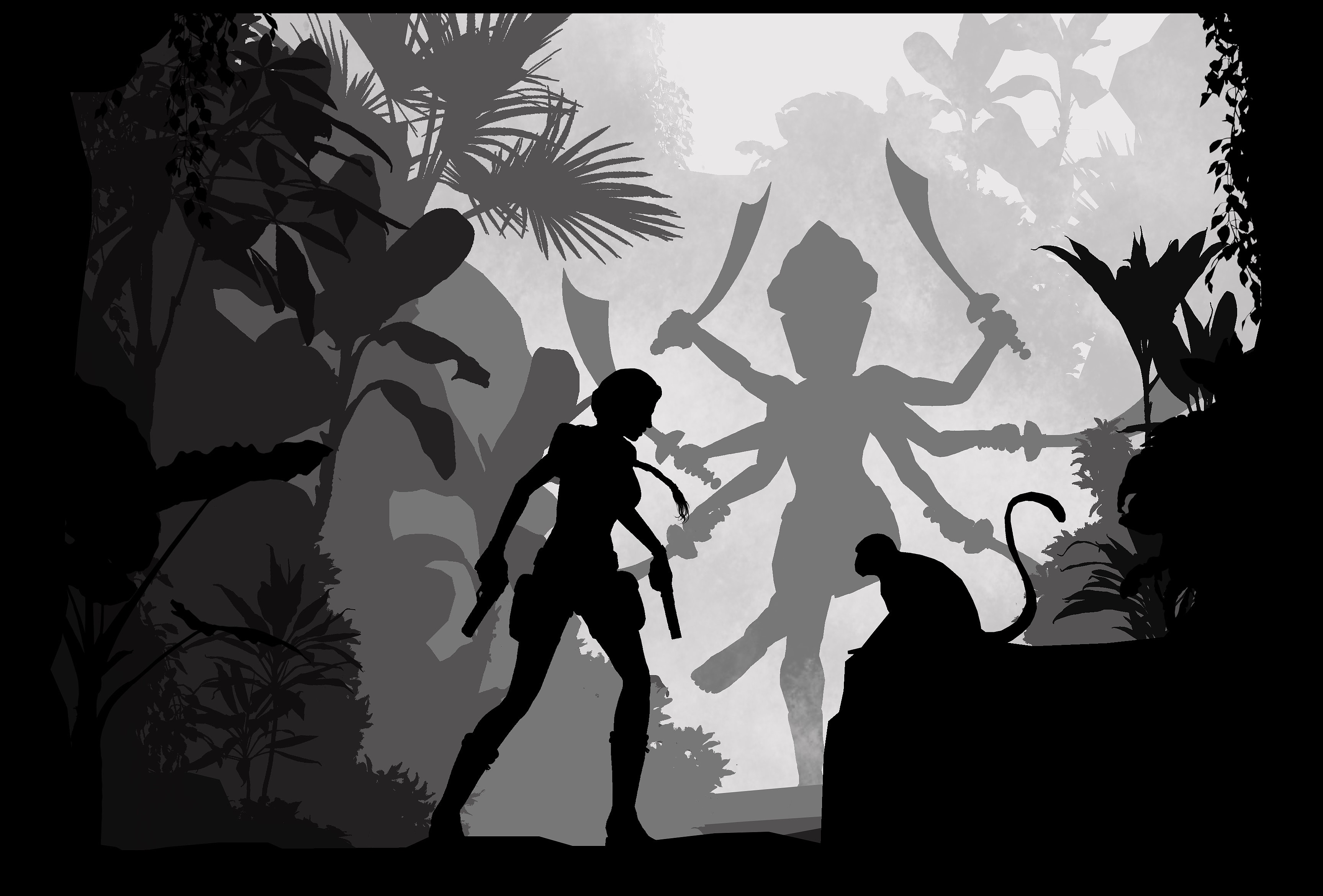 Lara Croft from Tomb Raider in a jungle with a deity silhouette HD Wallpaper