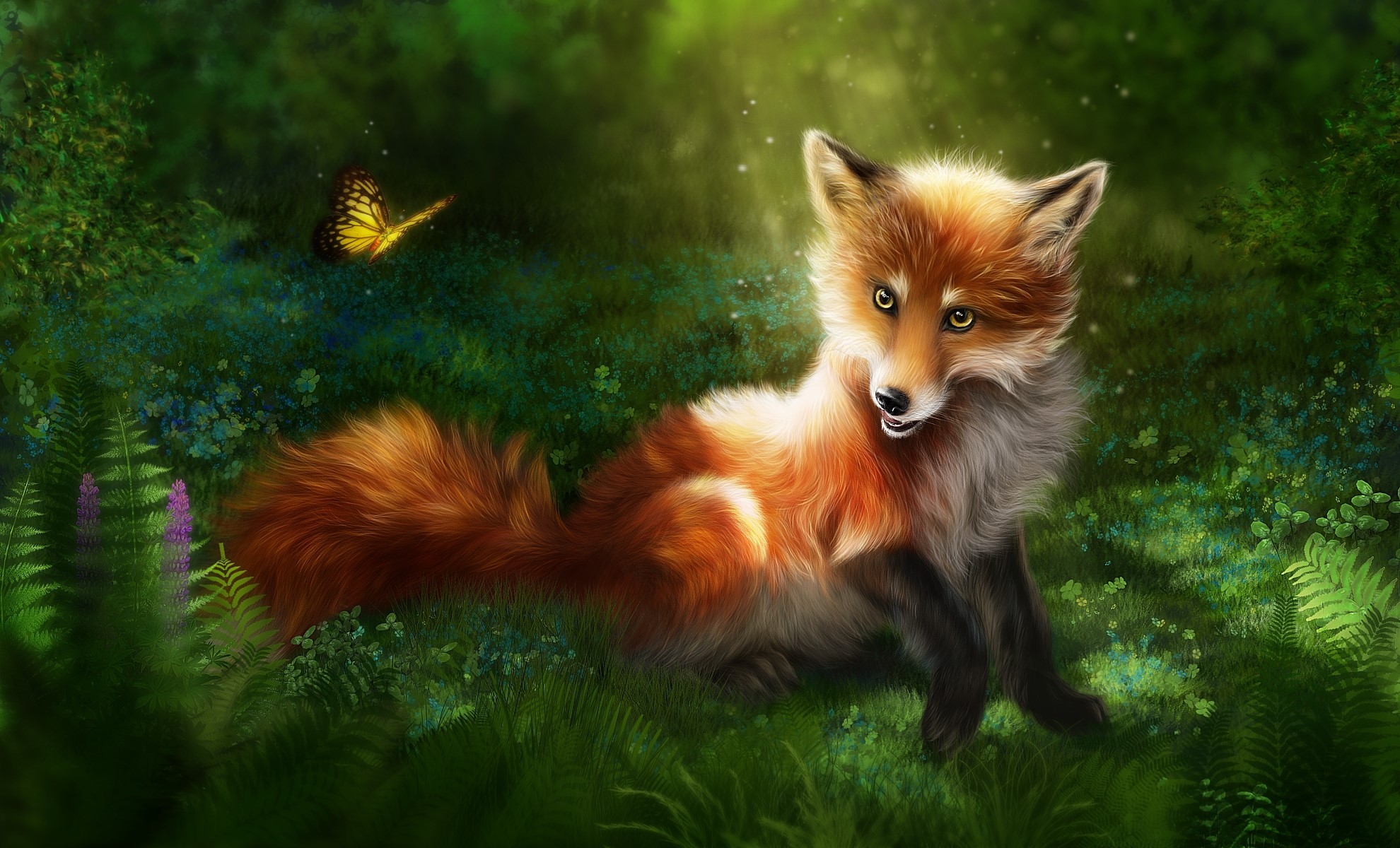 A fox and a butterfly in a forest HD Wallpaper